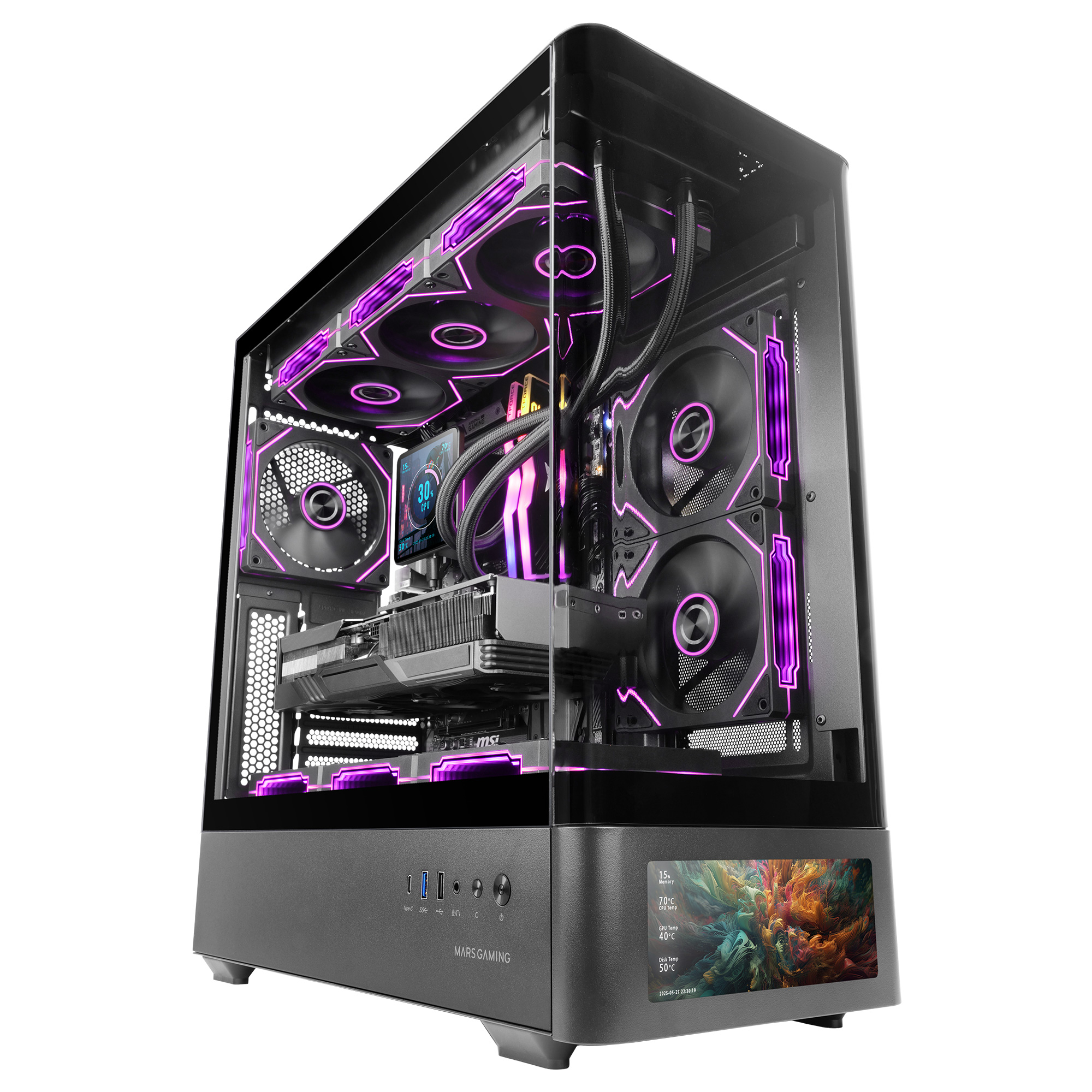 Mars Gaming MC-LCDPRO, Caja Gaming ATX, Pantalla LCD IPS 7.2" Personalizable, Cristal Templado Curvado Frontal y Lateral, Estructura de Doble Cámara, Soporte Refrigeración Líquida hasta 360mm, Negro o Blanco