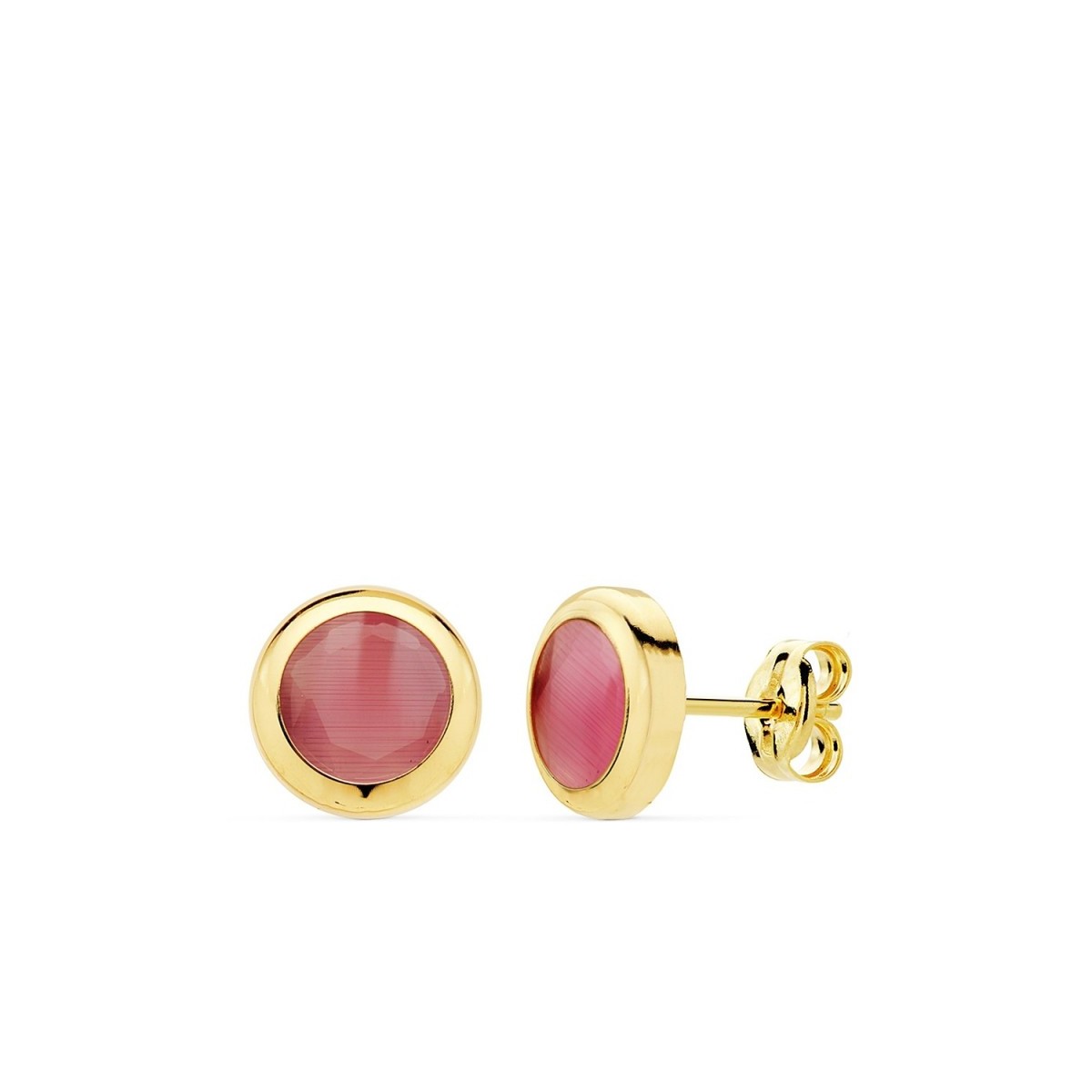 Pendientes oro 18k chatón 8.5mm. piedra rosa cierre presión mujer
