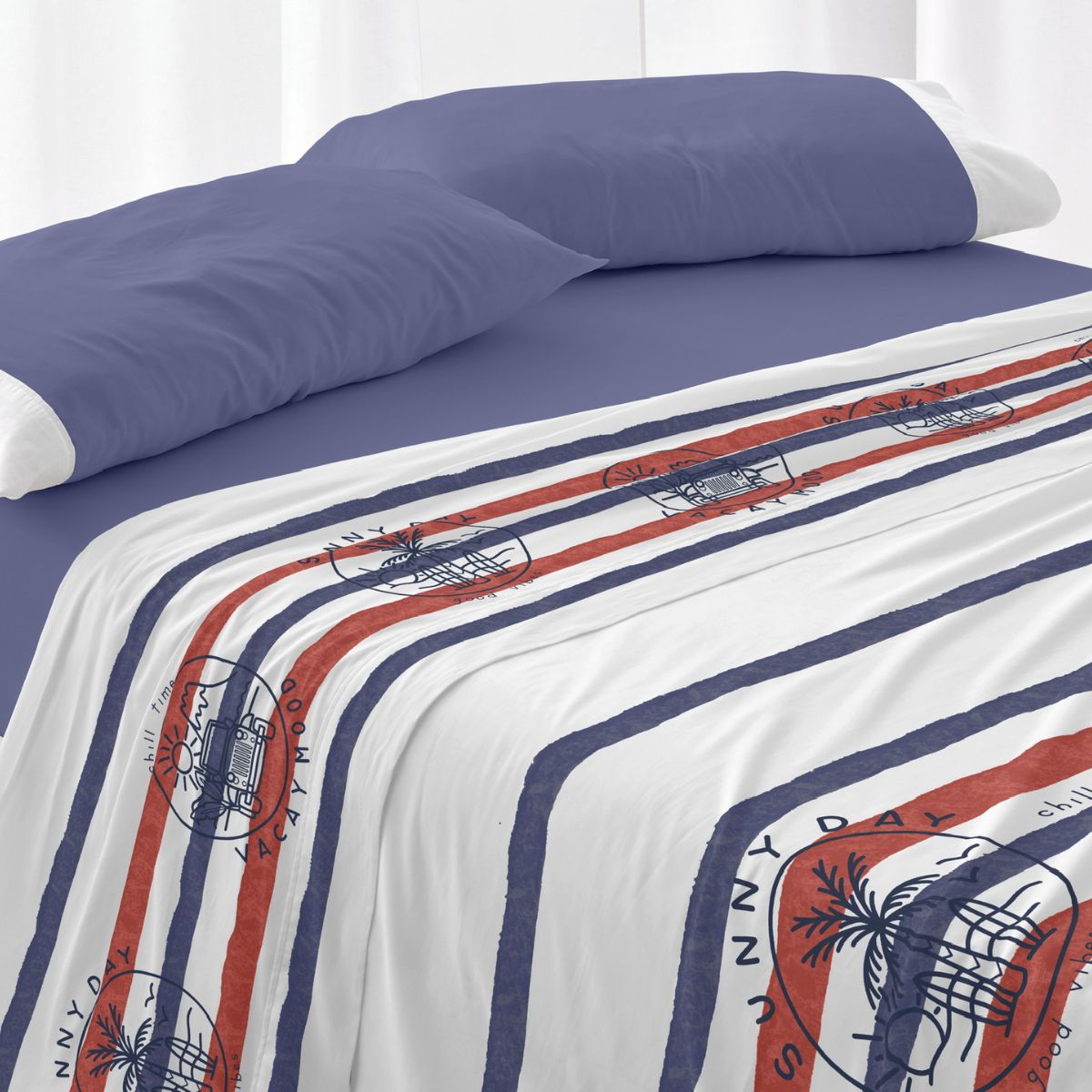 Juego de Sábanas Burrito Blanco 50% Algodón 50% Poliéster - Diseño Retro Surf Azul Marino, Medidas de 90 a 135 cm