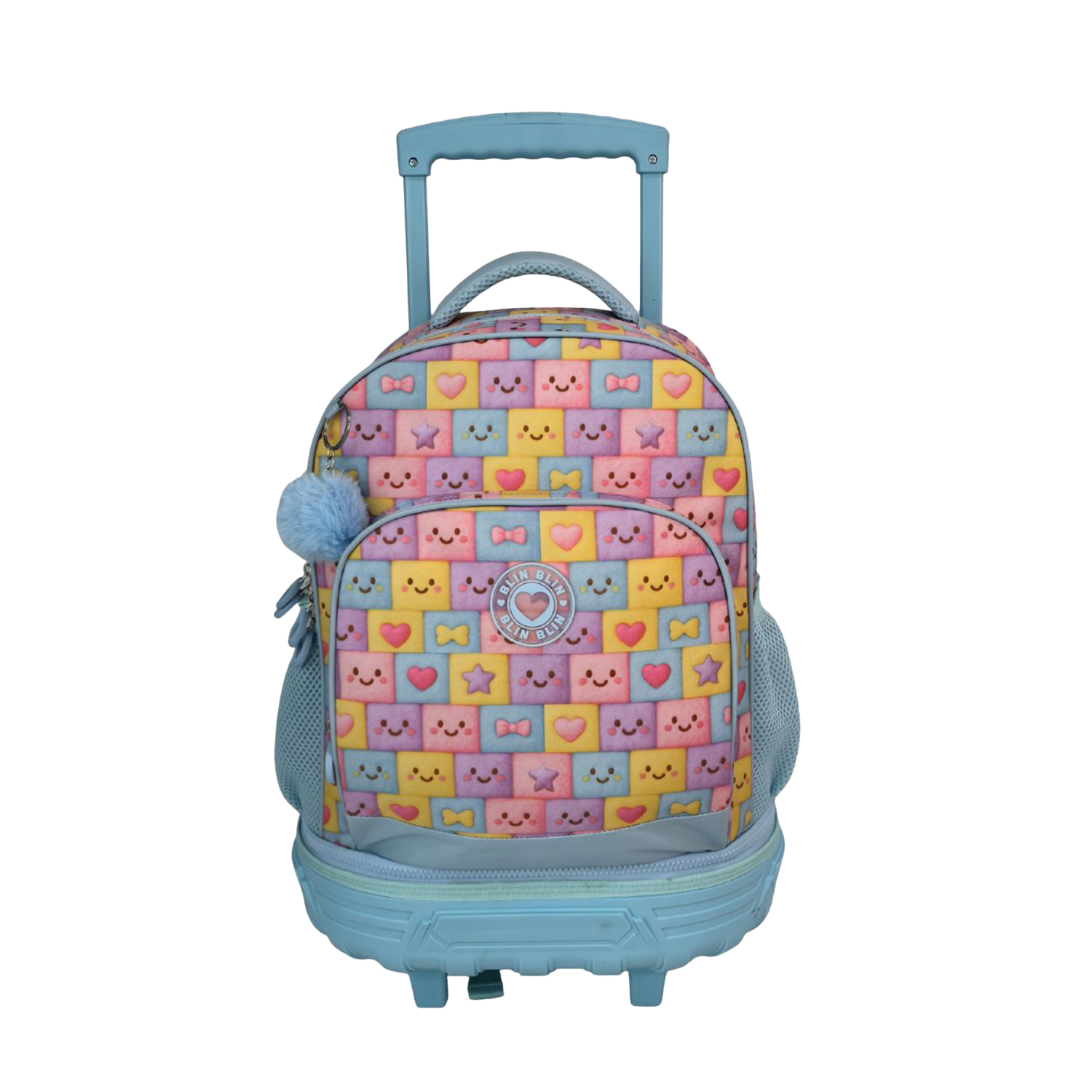 Trolley Fijo Compacto Doble Cuerpo Gran Capacidad Blin Blin Faces. Espaldera y tirantes ajustables y acolchados. Con accesorio pom pom.