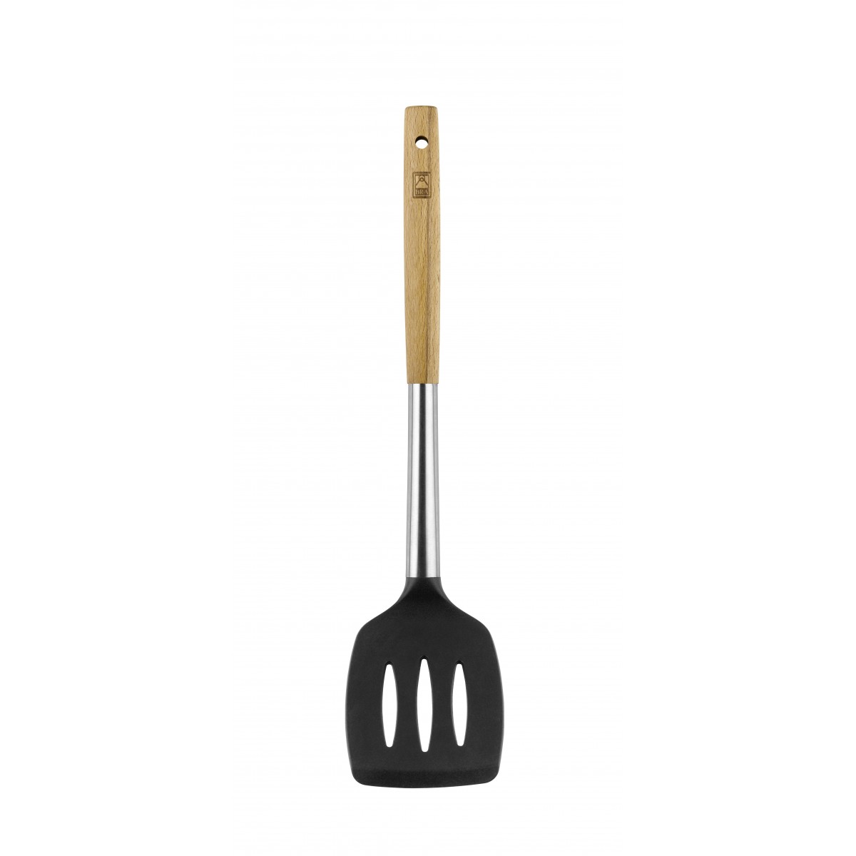 Bra - Espátula de Cocina Market, Madera de Haya, Acero Inoxidable, Silicona Gris, Escurrir y Servir, Fácil de Limpiar