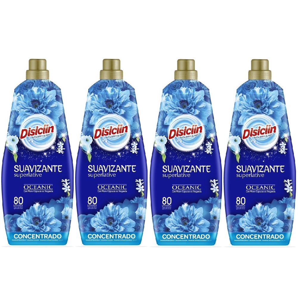 DISICLIN Suavizante Concentrado OCEANIC Botella 1.440ml 80 lavados (Pack 4) - Perfume Envolvente con Fresca y duradera fragancia a la inmensidad del oceano azul, Tecnologia de micro-capsulas que ofrecen 10 semanas de frescor