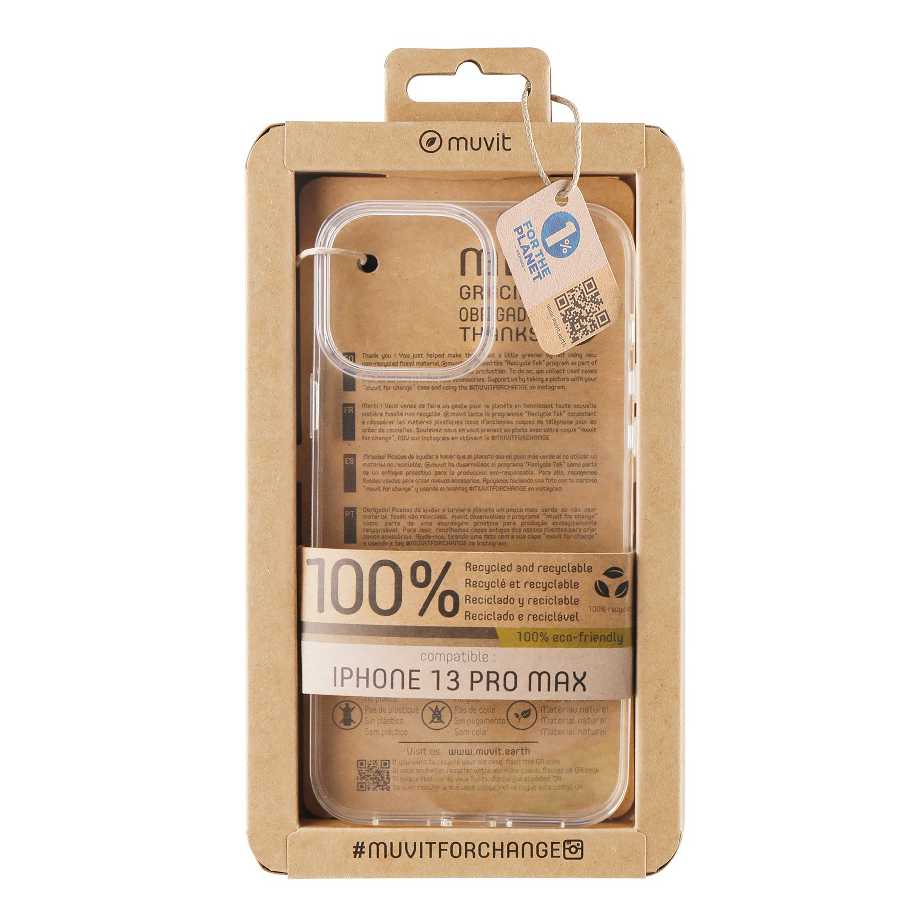 Muvit - Funda Recycletek MCCRS0160 para iPhone 13 Pro Max transparente 100 % reciclada y reciclable, protección resistente sin renunciar al diseño original