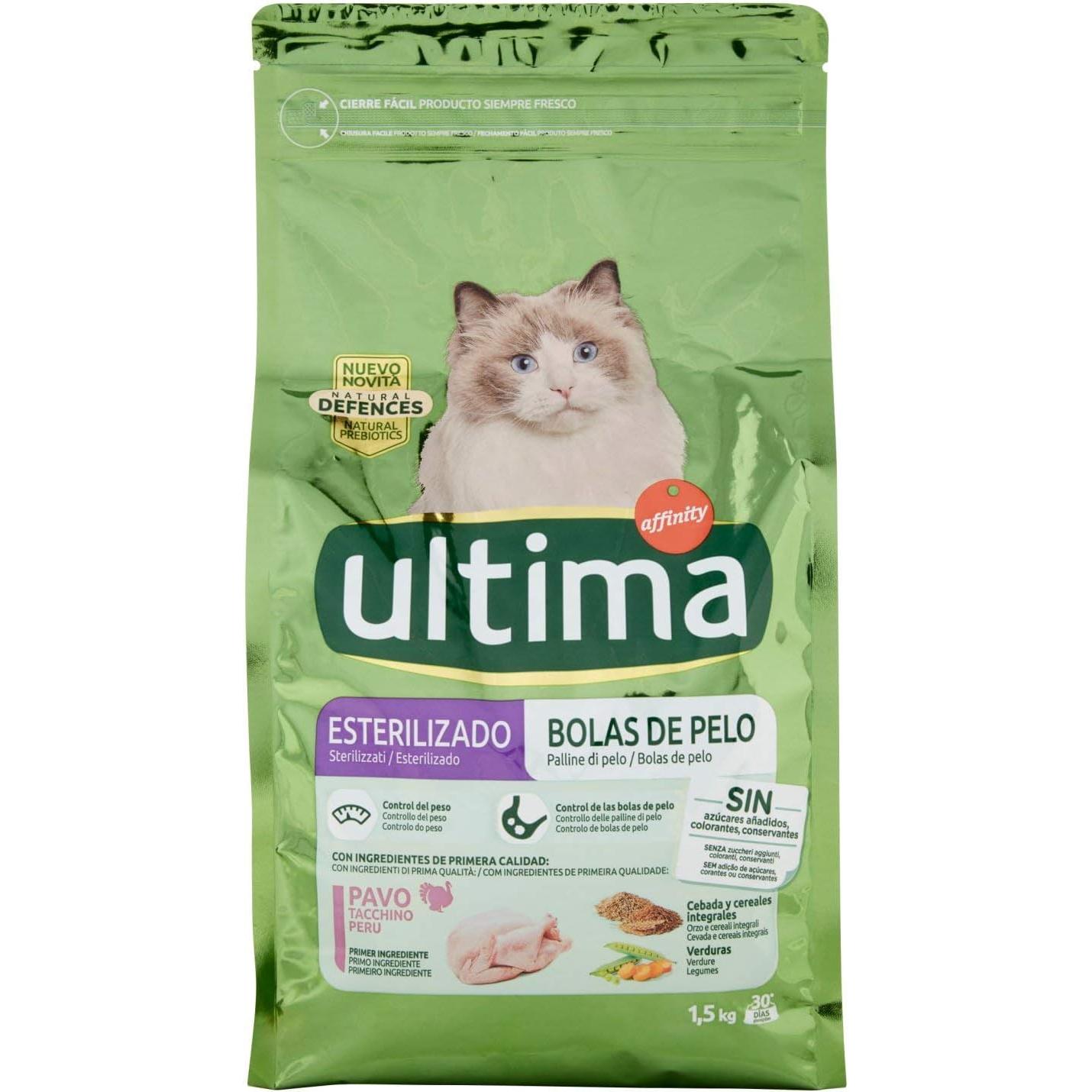 Pack 3 bolsas Ultima Pienso para Gatos Esterilizados Bolas de Pelo con Pavo, 1500g (total 4,5kg)