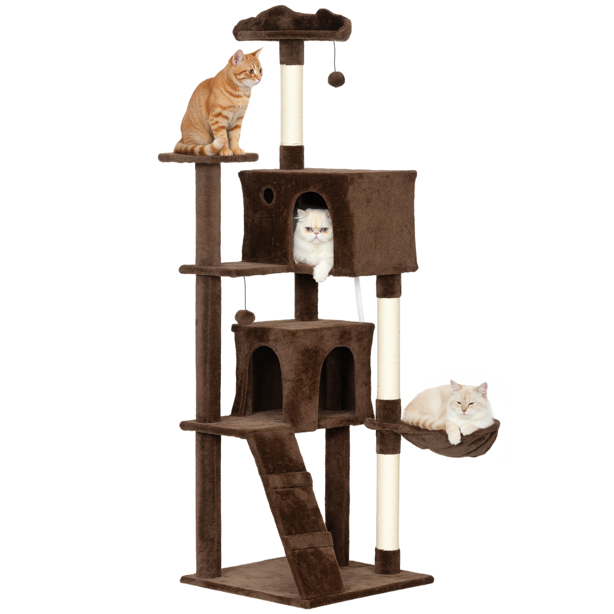 PawHut Árbol Rascador para Gatos, Árbol para Gatos, Torre Escalador con Múltiples Plataformas, Cama, 2 Cuevas, Hamaca, Escalera, Postes de Sisal, Bolas para Jugar