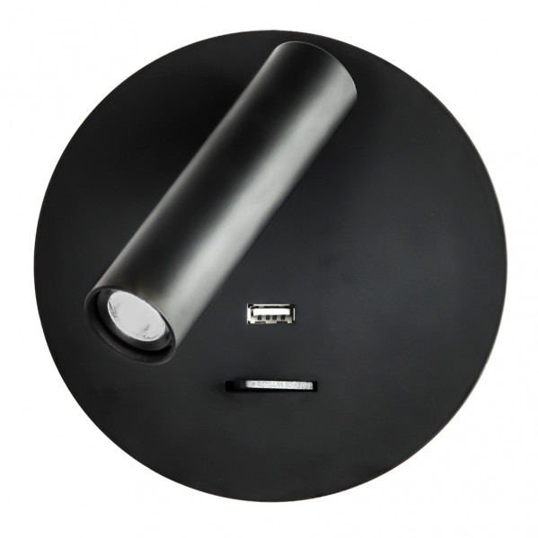 Aplique 3w 4000k giotto redondo negro puerto usb  150lm c/interruptor 14x14x12cm orientb