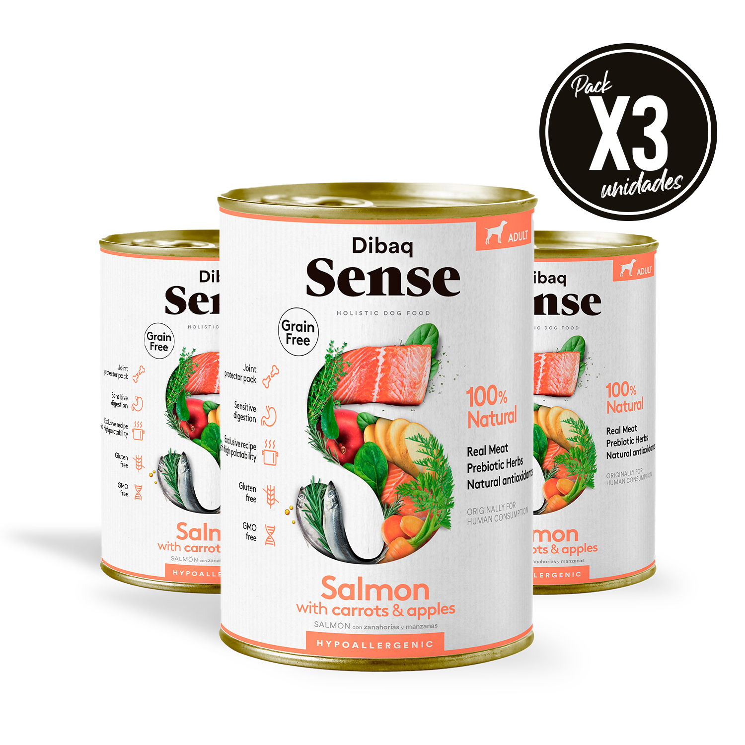 Dibaq Sense Dog, comida húmeda, salmón, sin cereales, pack 3 uds x 380 gr