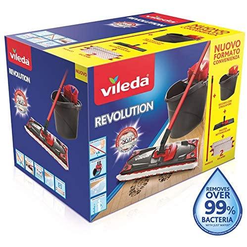 Vileda - Sistema de Limpieza para Todo Tipo de Suelos, con Cubo, escurridor y Soporte, Incluye un paño de Microfibra - Color Negro/Rojo + 141742 - Juego de Escoba y Recogedor de Mano