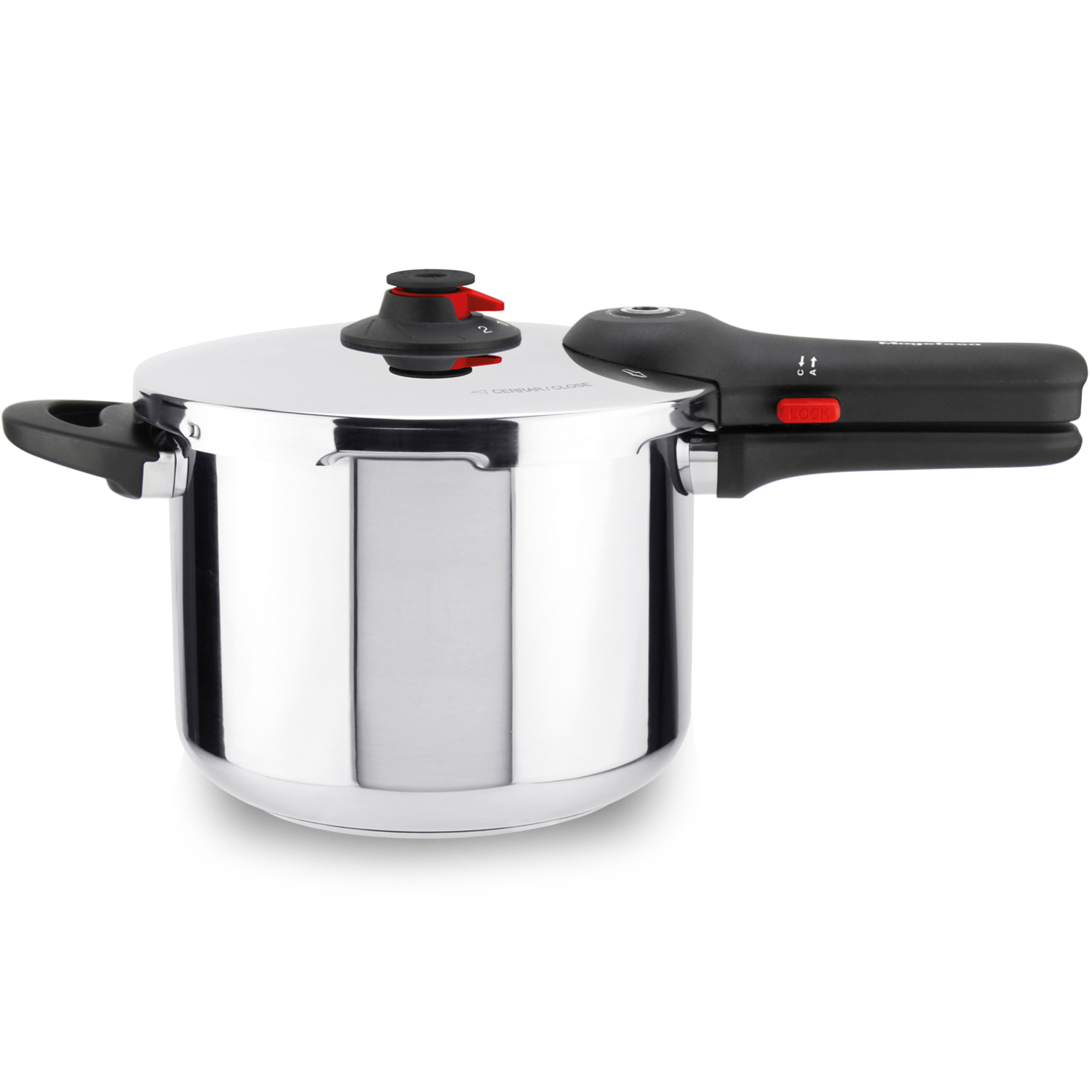 MAGEFESA EASYCLICK Olla a Presión Súper Rápida, de Acero Inoxidable 18/10, Mango Ergonómico y Compatibilidad con Inducción