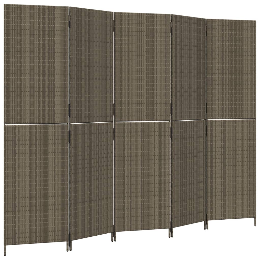 vidaXL Biombo de 5 paneles ratán sintético gris