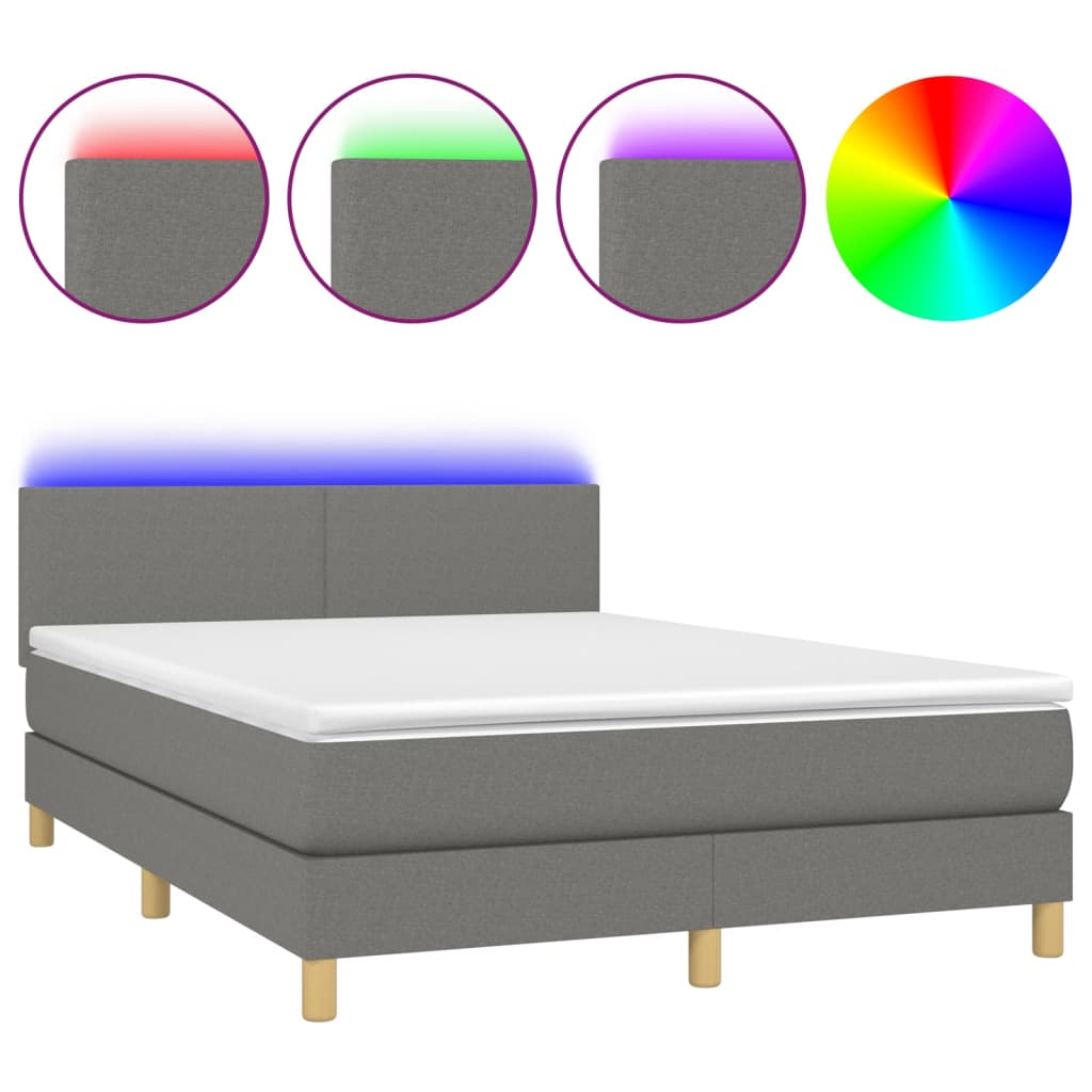 vidaXL Cama box spring con colchón y LED tela gris oscuro 140x200 cm