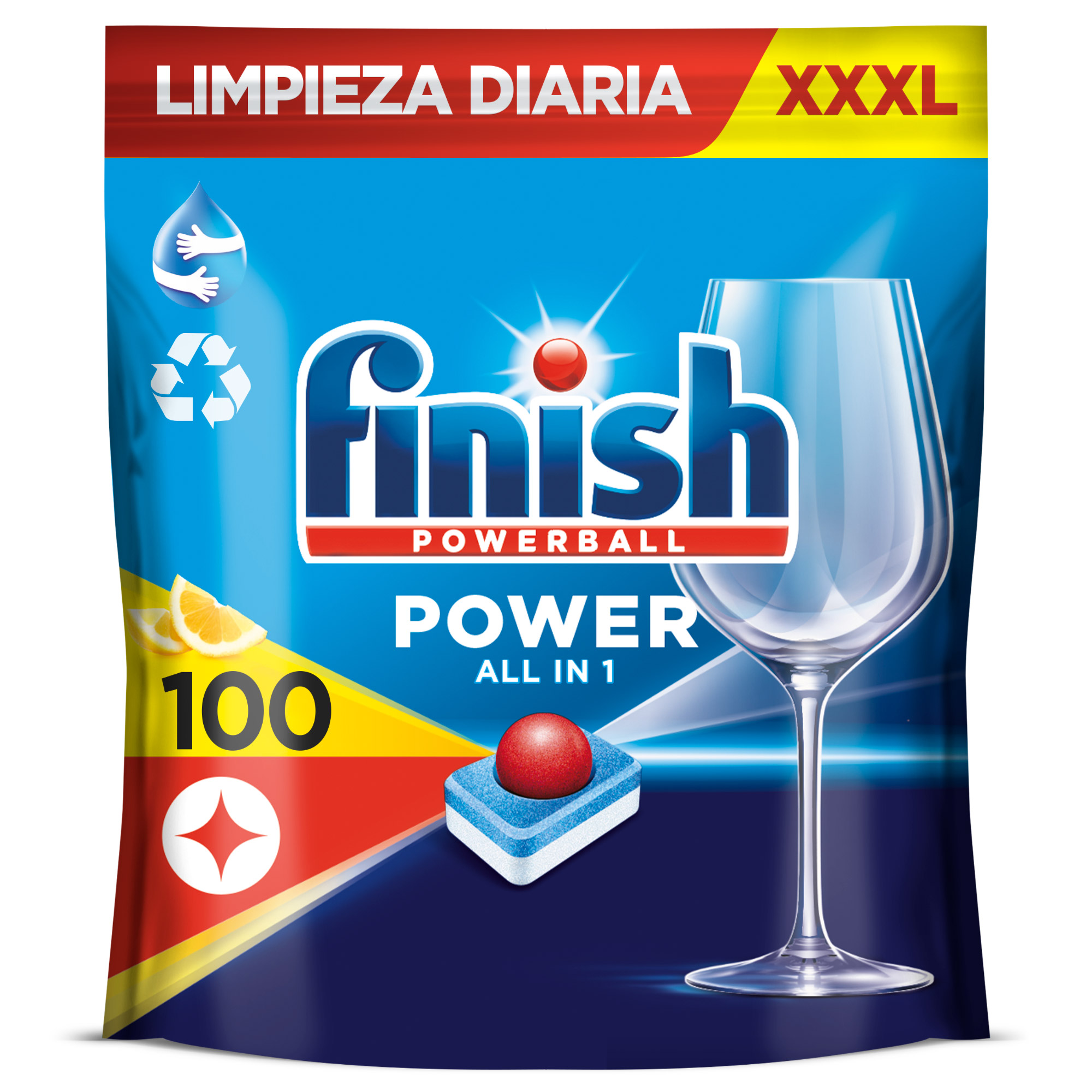 Finish - Finish Poweball Power All in 1 Limón Pastillas para Lavavajillas 100 Pastillas, Limpieza y Brillo Diario