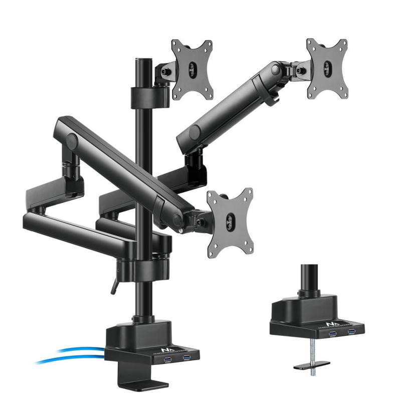 Soporte de escritorio para monitor Maclean MC-811, para 3 monitores LCD/LED, USB, 17'' - 27'', 3 x 7 kg, VESA