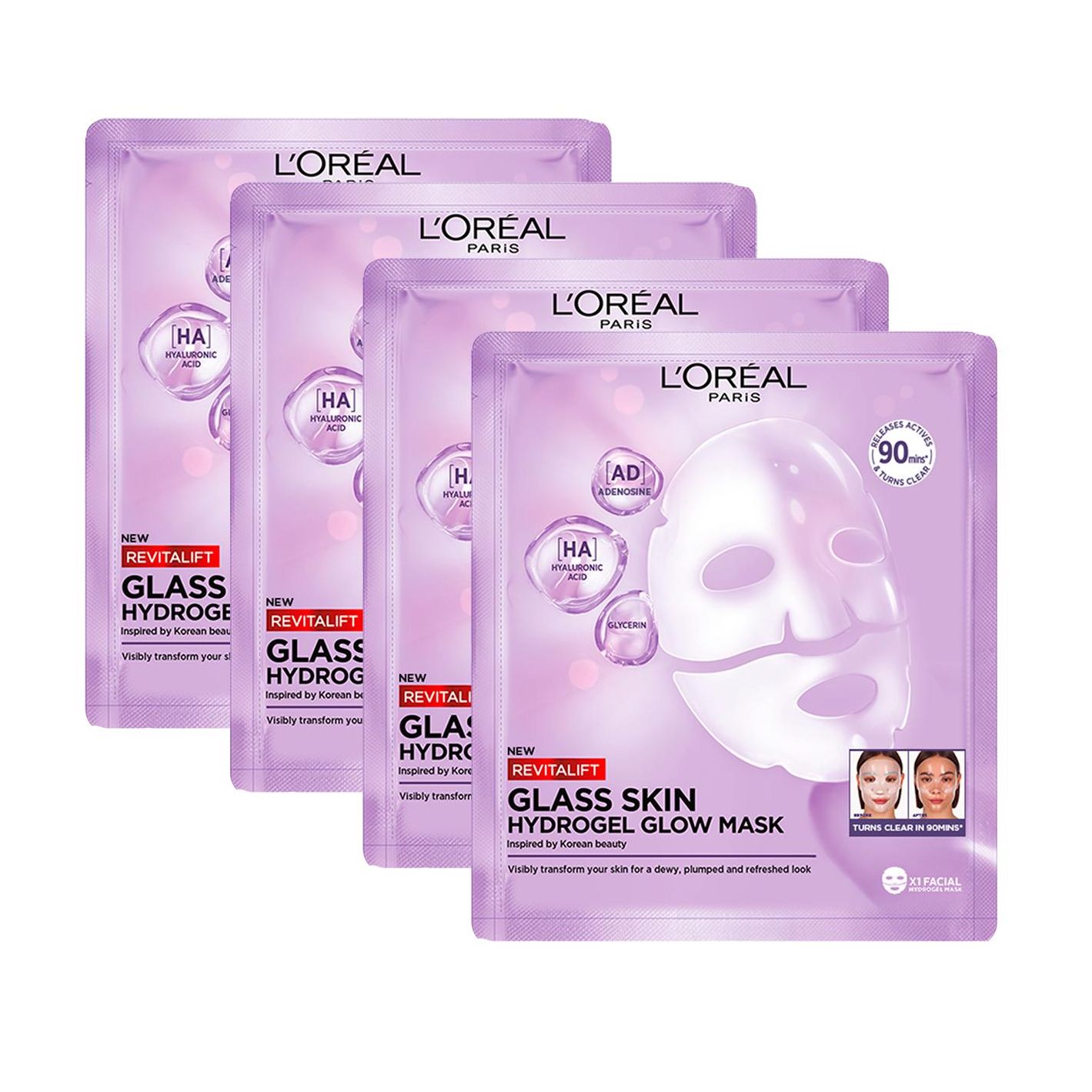 L'Oréal Paris | Pack de 4 Macarillas Revitalift Filler Glass Skin , con Ácido Hialurónico y Vitamina Cg, Efecto Glass Skin, Hidratación y Glow, Suaviza líneas