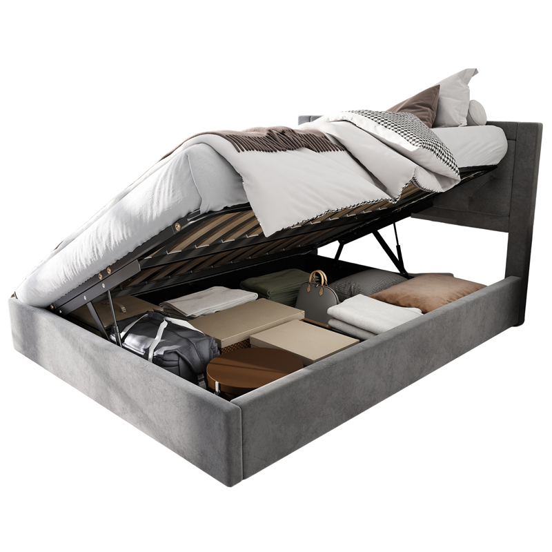 Lit double rembourré gris 140 x 200 cm avec tête de lit capitonnée et rangement sous le sommier