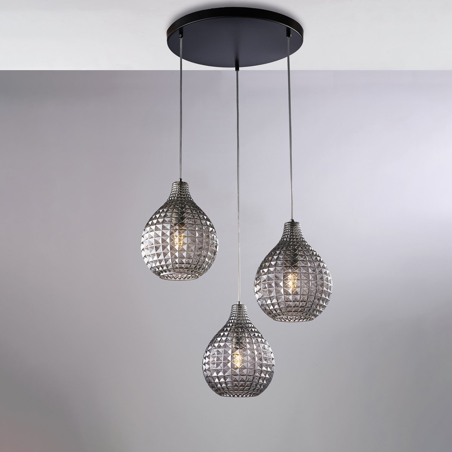 Suspensión 3 Luces Diamond Hierro Negro y gris Vidrio sopLo