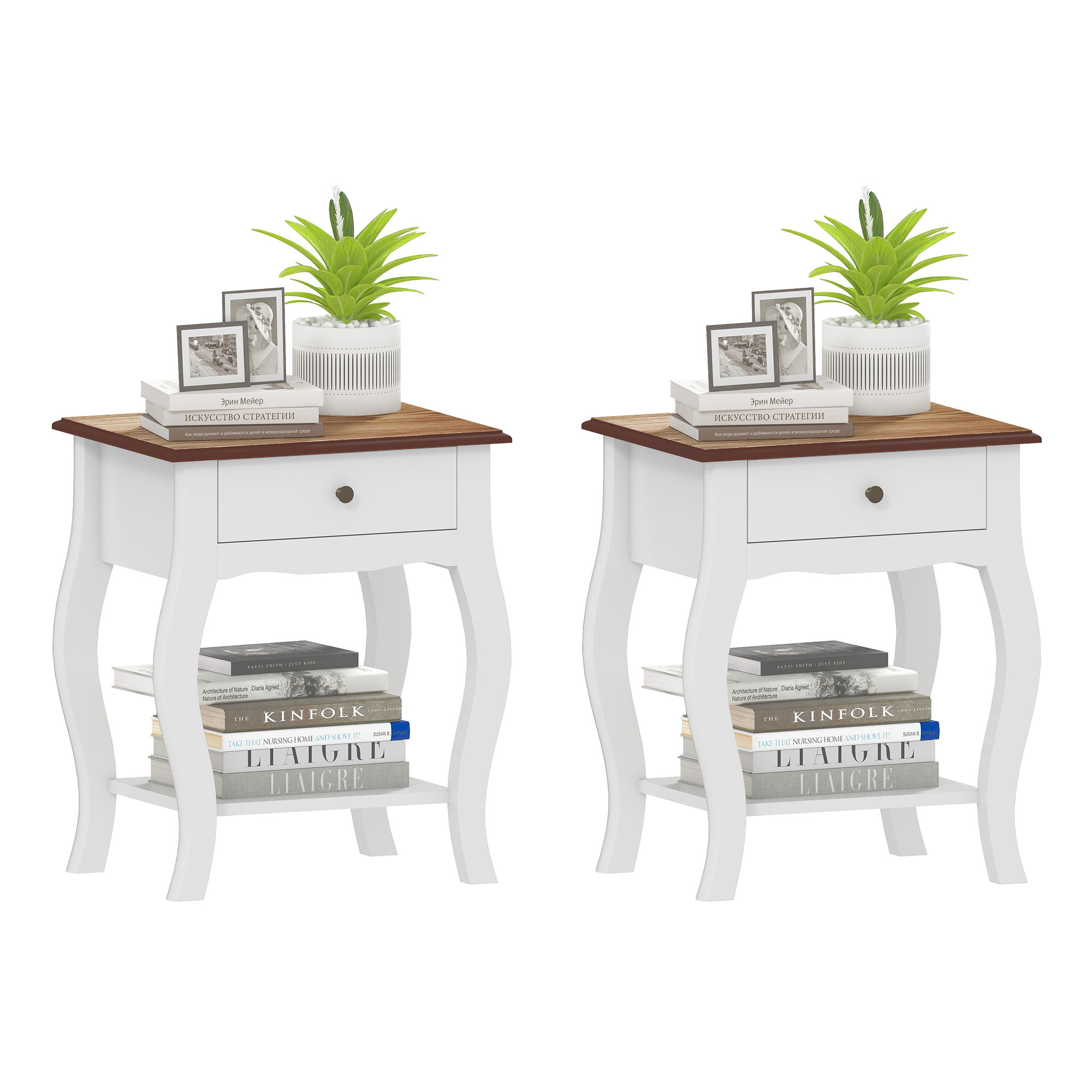 HOMCOM Pack de 2 Mesitas de Noche Mesillas de Noche Dormitorio con Cajón Estante Abierto y Tapa Efecto Roble Estilo Francés para Salón 45x35x55 cm Blanco y Roble