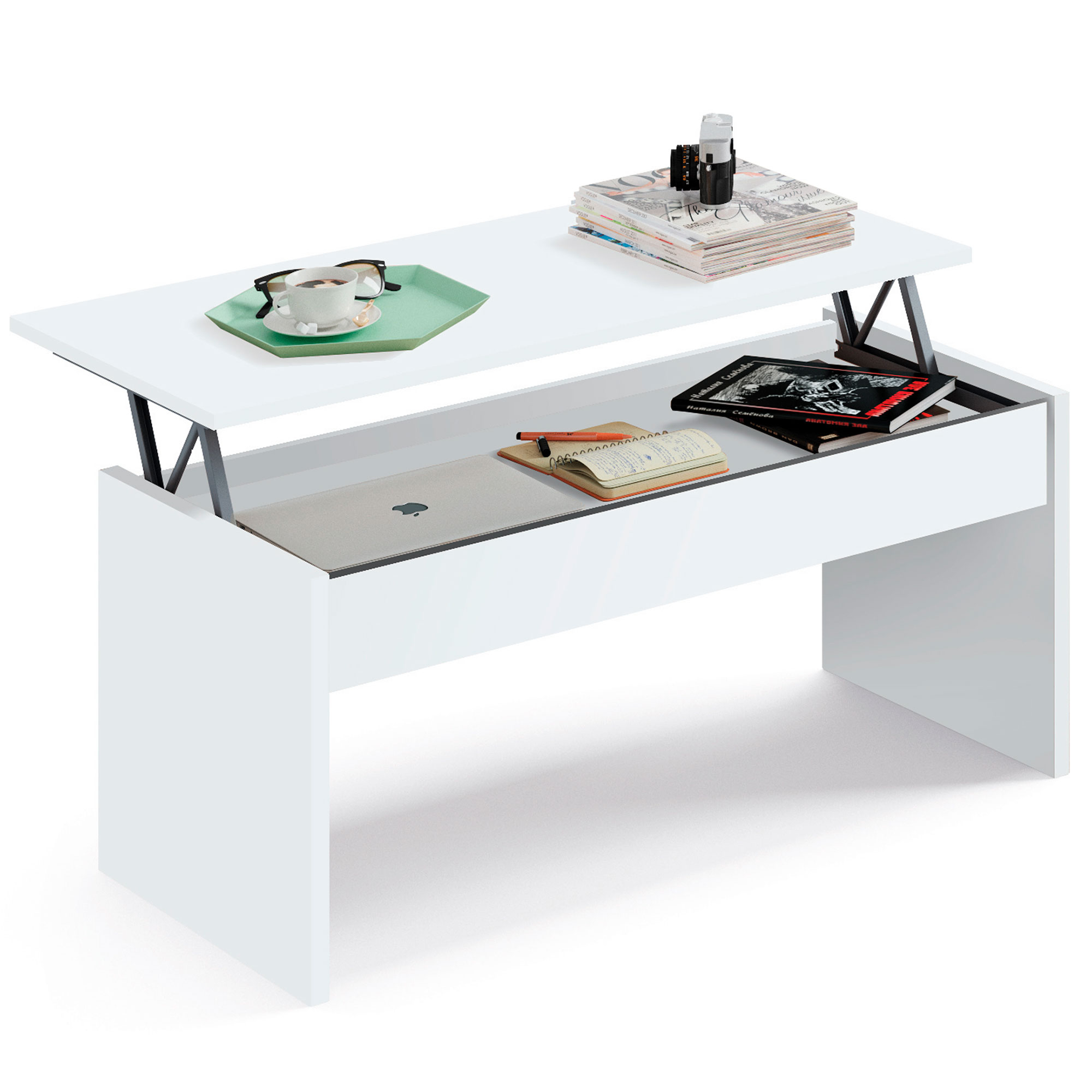 Briebe Opal Mesa Centro Elevable, Comedor, Salón, Mesita Café Auxiliar para Sofá, 47x100x50cm/58x100x50cm, , Blanco