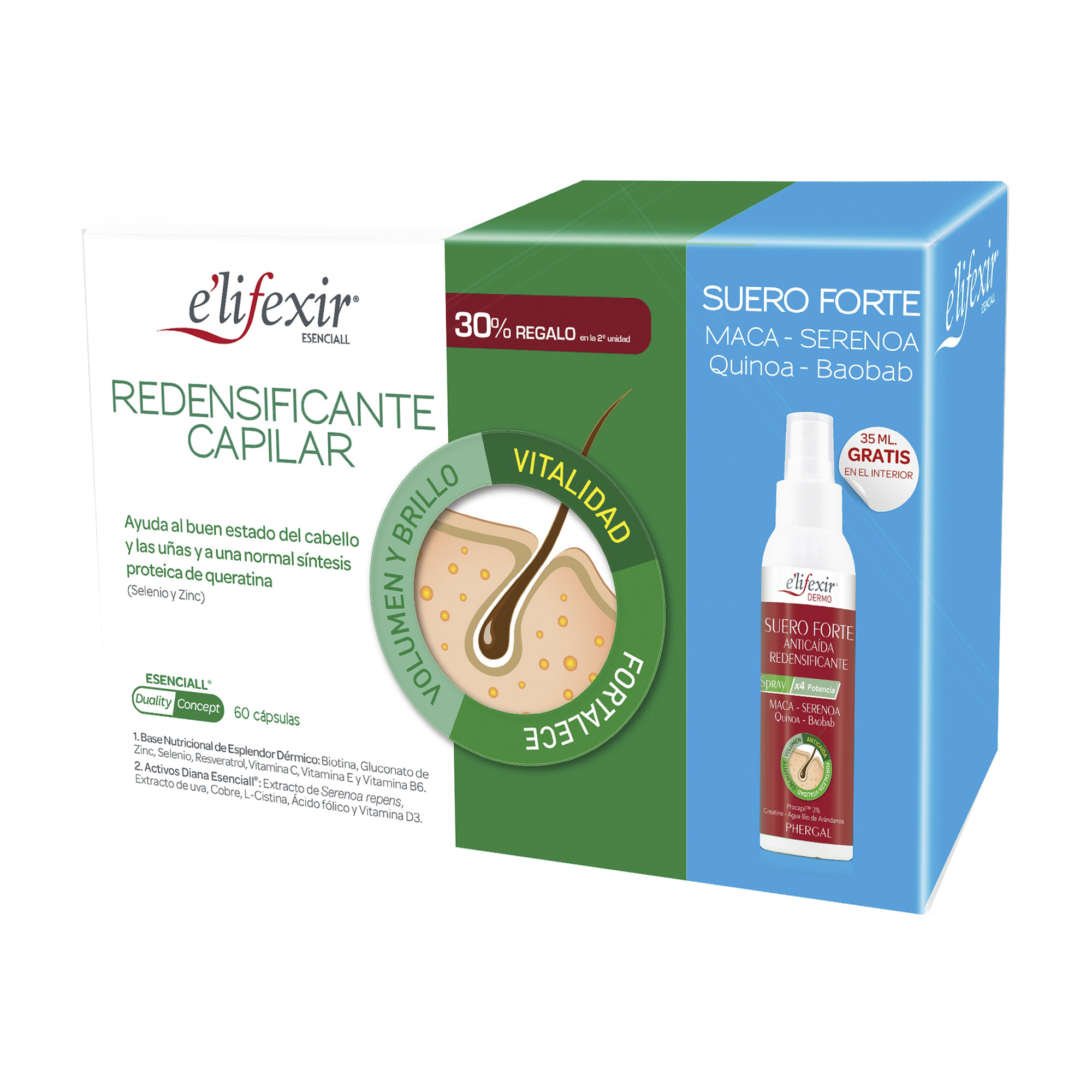 Elifexir Esenciall Pack Redensificante Capilar, Cabello con Fuerza, Volumen y Brillo, Con Selenio, Zinc y Serenoa Repens, 60 Cápsulas + Suero Forte Anticaida