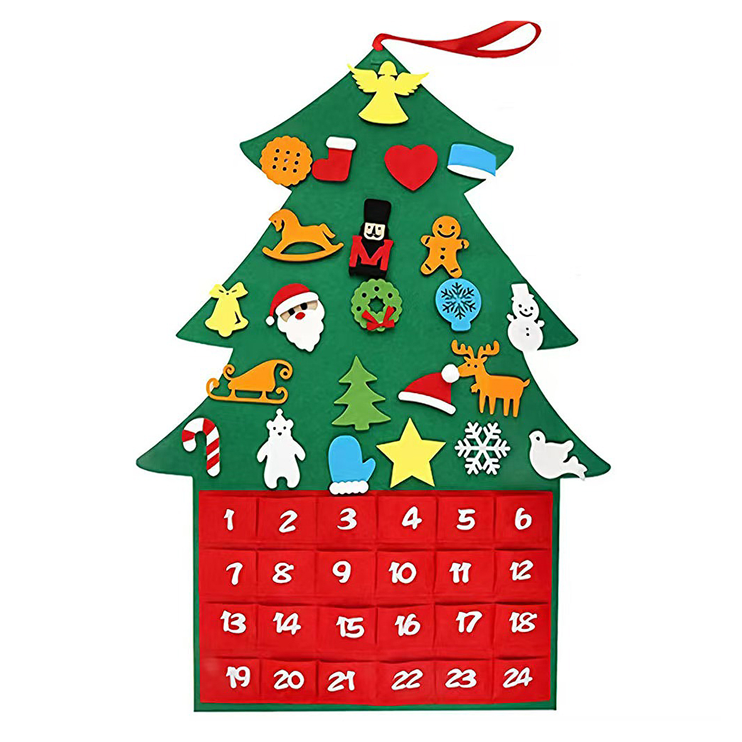 DAM. Calendario de adviento con diseño de árbol de navidad de felpa con adornos para colgar. 92 cm. 60x1x90cm