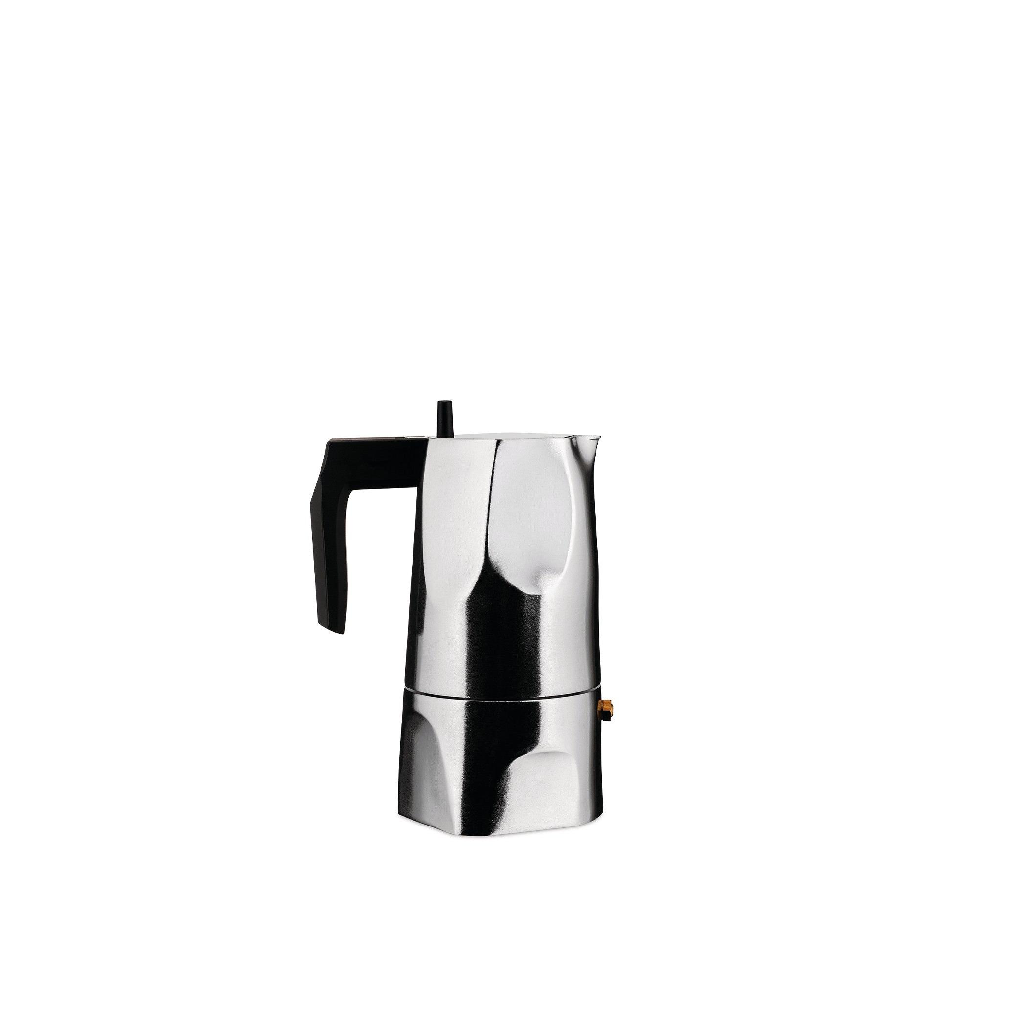 Alessi MT18/3 electric coffee maker in aluminum, a portable machine with 1.25L capacity perfect for home and camping, suitable for espresso and cappuccino preparation, ideal for coffee lovers seeking versatility.
