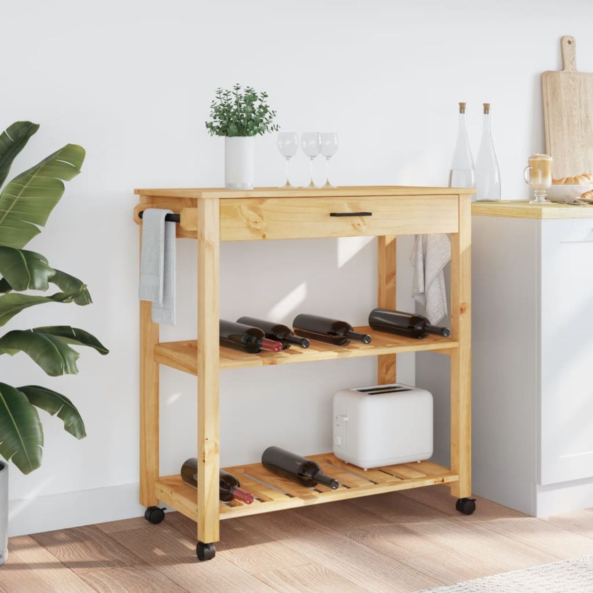 Carrito auxiliar Monza 2 estantes listones + cajón madera de pino 90x84x40 cm