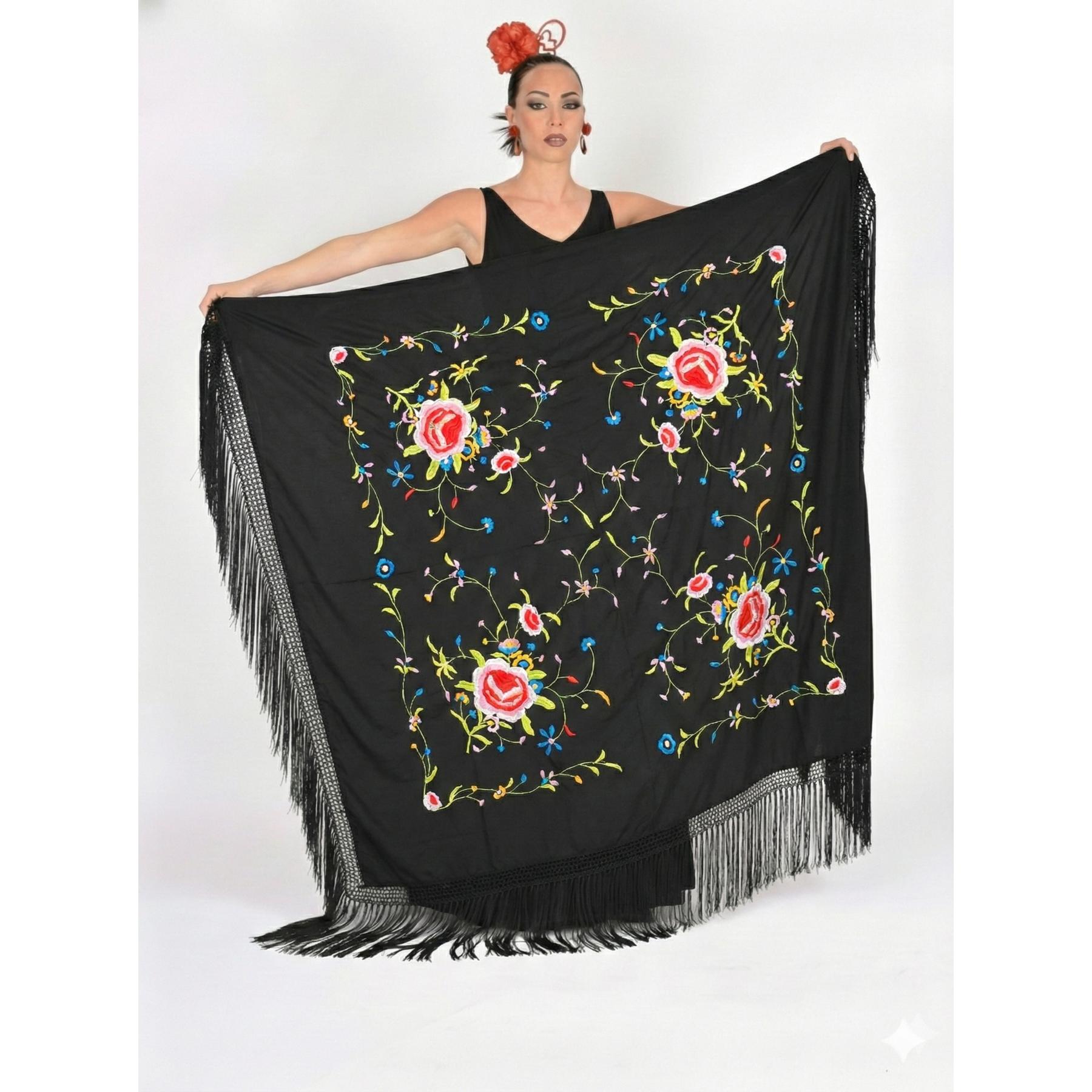 Mantón Cuadrado Grande- MEDIDA 150X150cm sin contar los flecos. Flamenco Bordado con Flecos | Mantón Español Tradicional para Baile, Feria y Eventos Flamencos