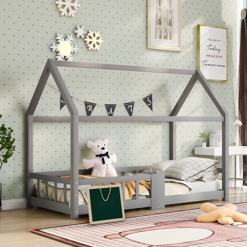 Lit cabane enfant gris 90 x 200 cm en pin massif avec barrières, sommier et ardoise