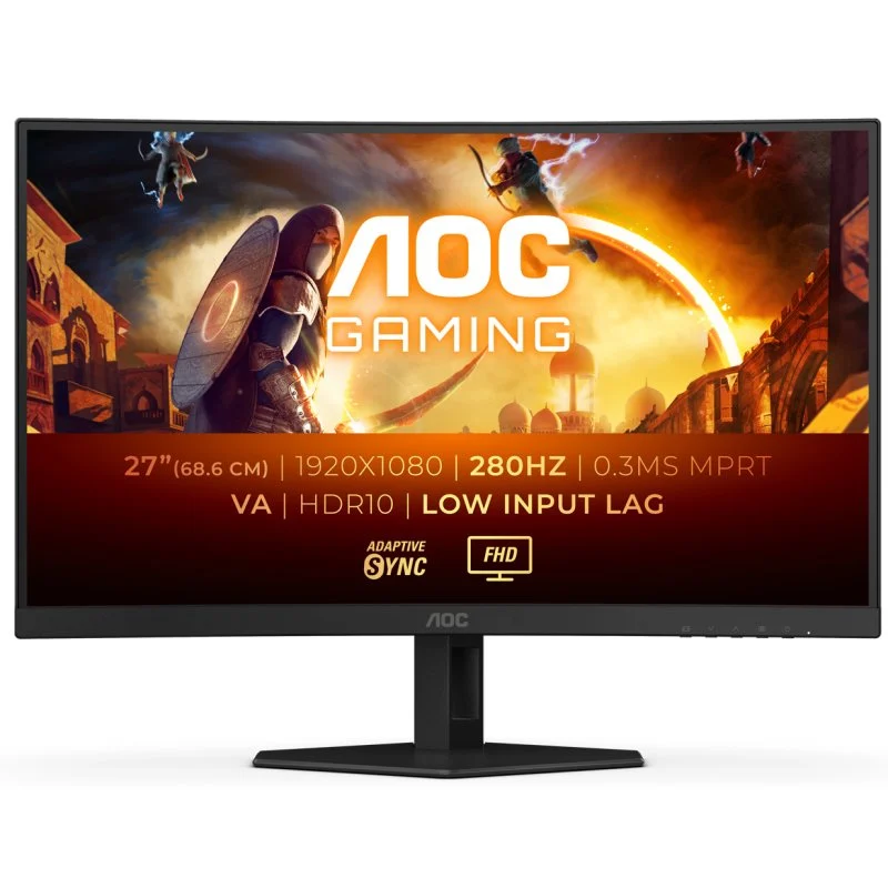Aoc g4 monitor 27” curvo 1500r led fast va fullhd 280hz hdr10 - respuesta 1ms - angulo de vision 178° - hdmi, displayport, audio - montaje vesa 100x100
