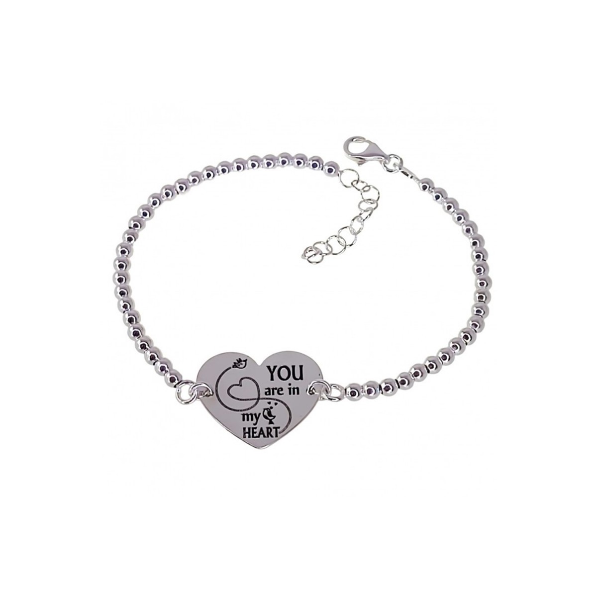 Pulsera Plata Ley 925m 18 cm. bolas chapa corazón YOU ARE IN MY HEART