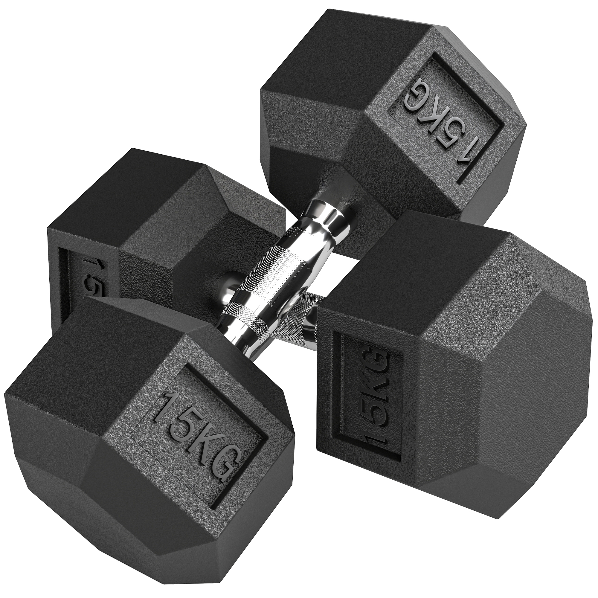 HOMCOM Juego de Mancuernas Hexagonales, 2 x 15 kg, de Hierro Fundido, Recubiertas de Goma, Juego de Pesas con Barras de Conexión para Entrenamiento en Casa, Gimnasio y Oficina, Negro y Plata