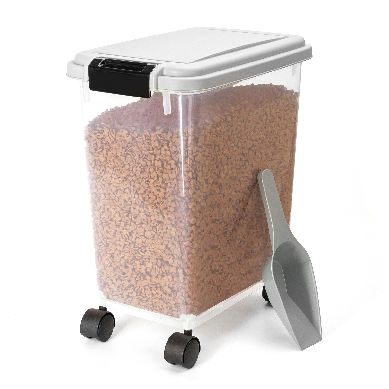 Nobleza - 20/30/40L Contenedor de Comida para Mascotas, Mascotas Caja de Alimentos con Ruedas Contenedor, Tapa abatible, hermética, Transparente, Ruedas y Pala, para Comida para Perros y Gatos, Gris