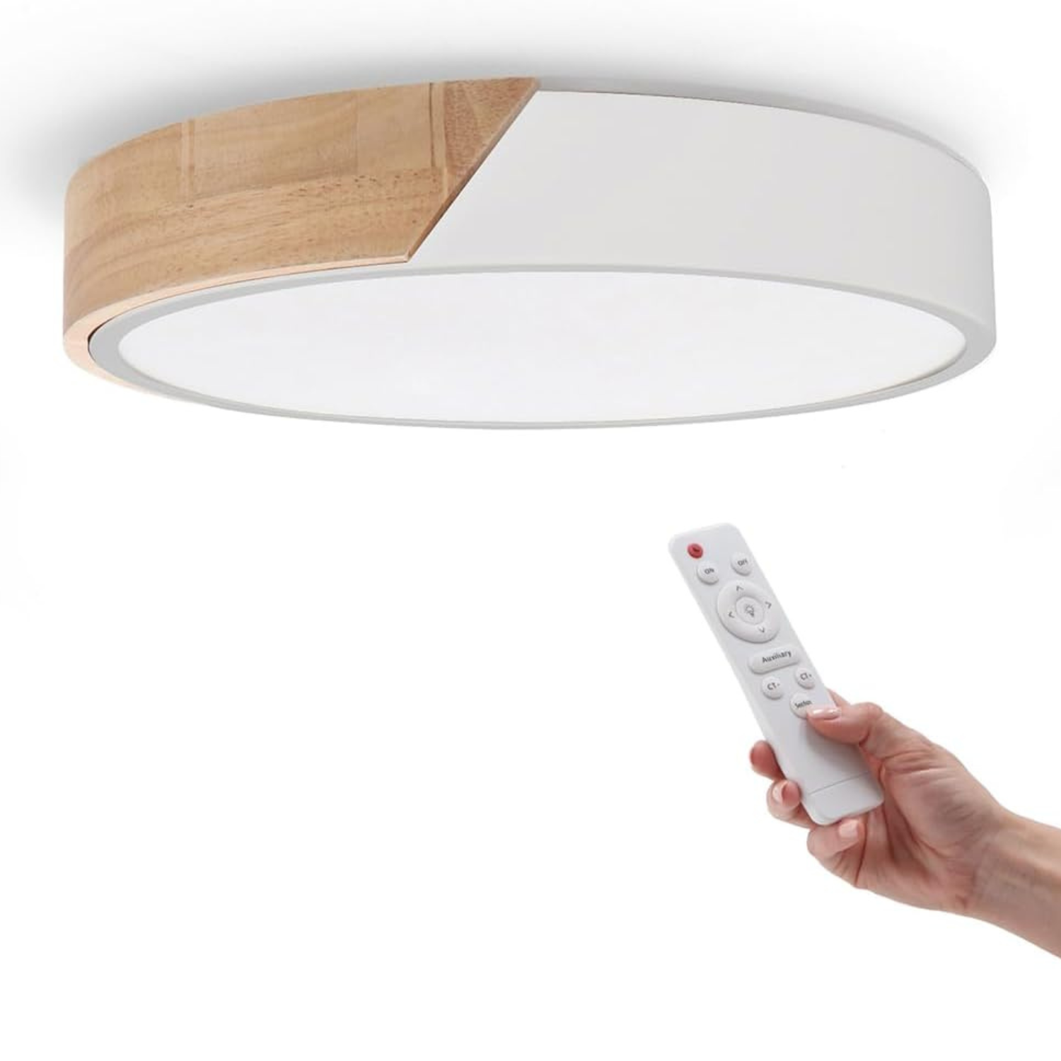 Iluminashop - Plafón LED Techo Redondo 24W con Mando a distancia, Regulable 2700K-6500K blanco frío a cálido, 2400LM, Diseño Blanco con Madera Natural, para Baño, Cocina, Balcón