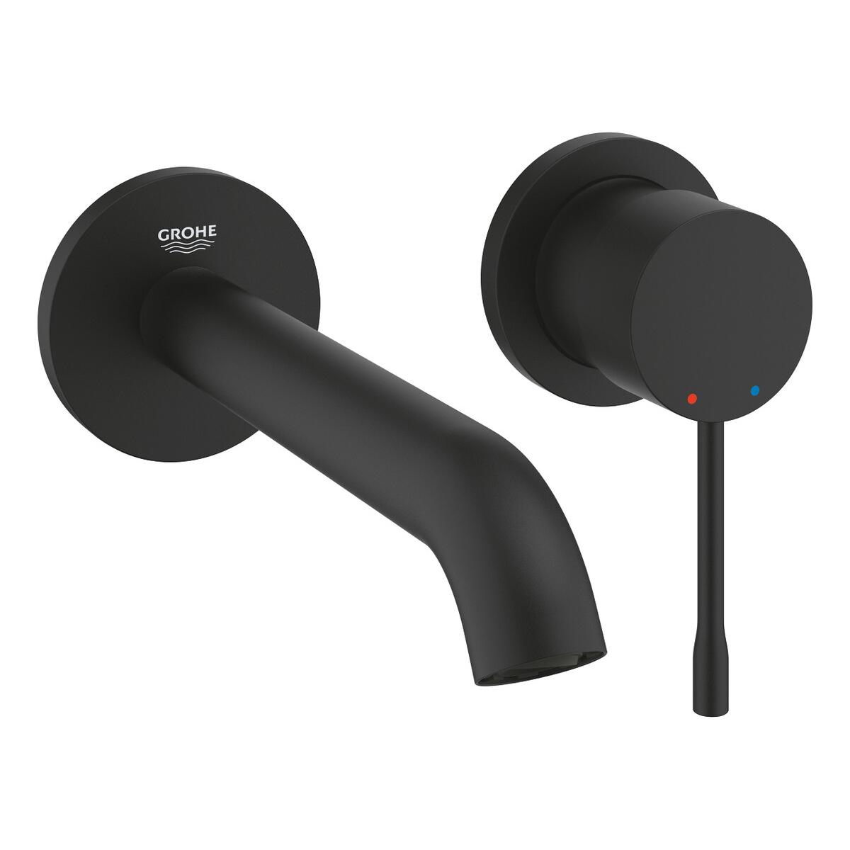 Grifo para lavabo Essence - 2 orificios Talla M, montaje en pared, limitador de caudal 5,7 l/min, sin elemento incorporado, caño 188 mm, negro mate