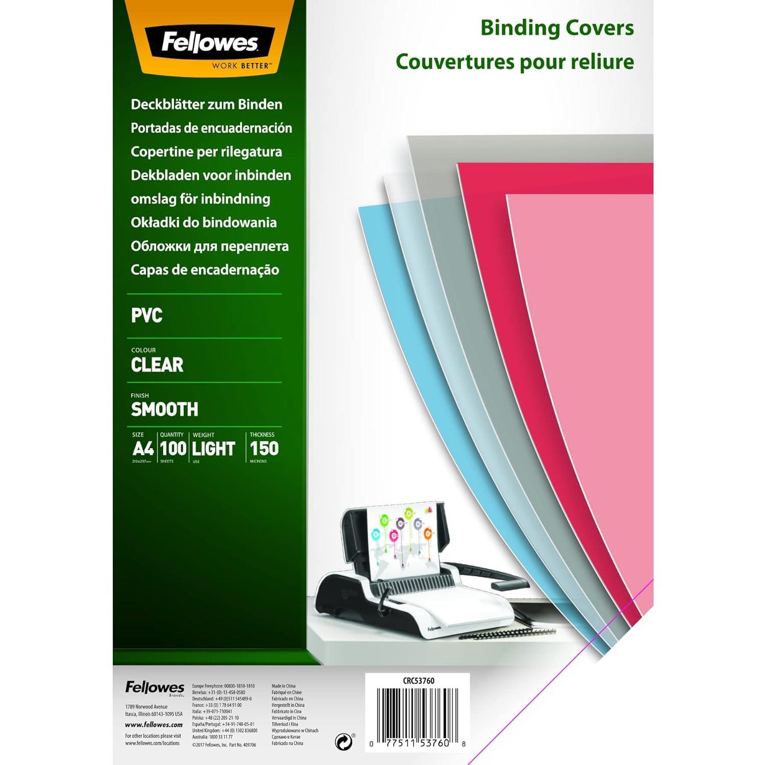 Fellowes Cristal - PACK DE 100 PORTADAS PVC CRISTAL A4 Transparente