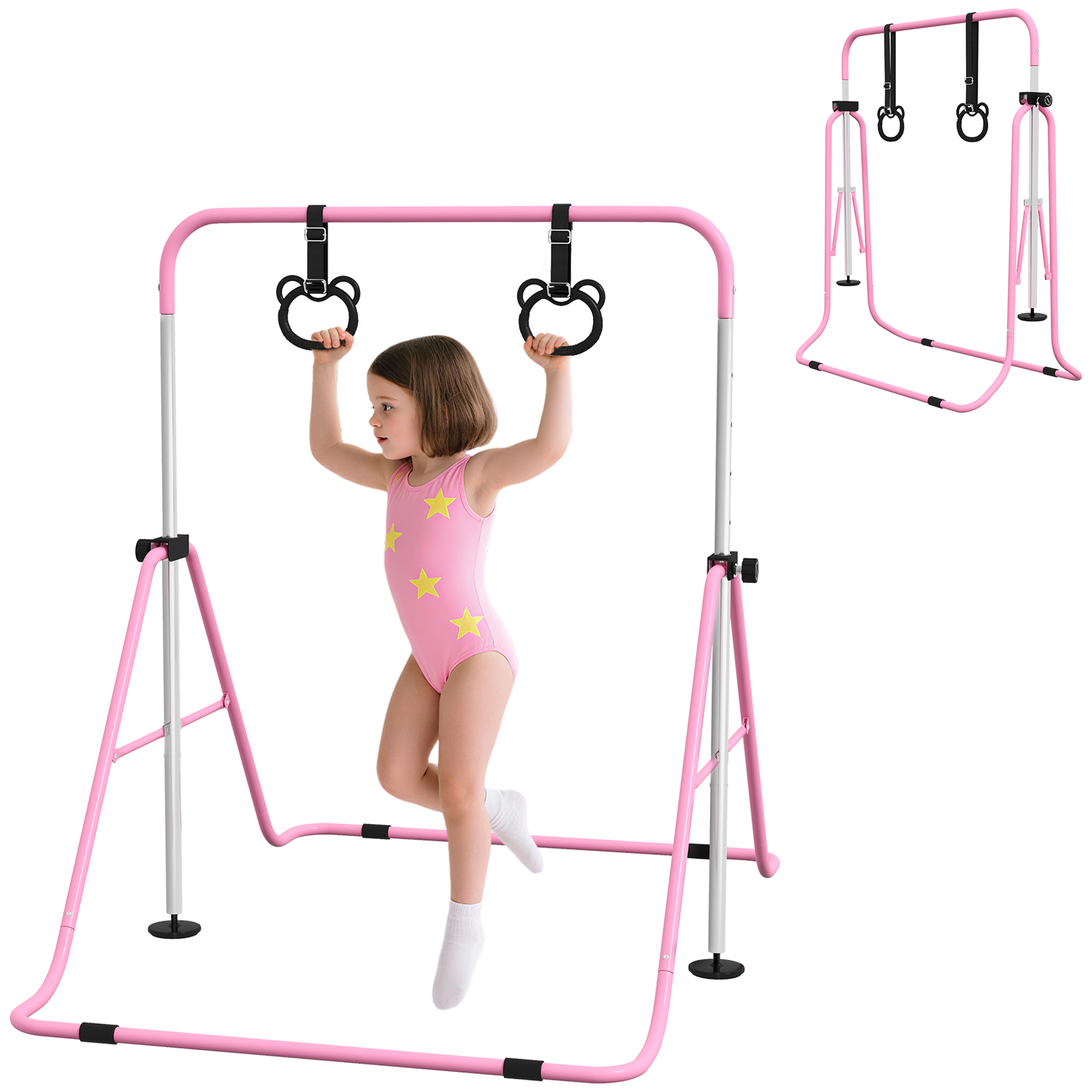 HOMCOM Barra de Gimnasia para Niños con Altura Ajustable en 5 Niveles y Anillos, Barra de Entrenamiento de Gimnasia Plegable en Casa, Rosa