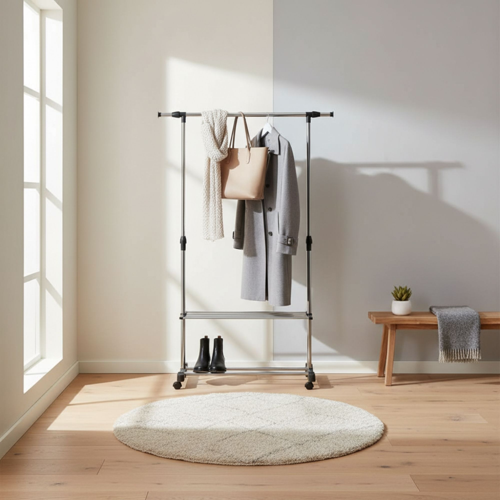 MOBLEKIT | Percheros de Pie y Percheros Extensibles de Metal y Madera, Burros de Ropa con Opciones Ajustables, con Ruedas o Estantes, Organizadores para Dormitorio, Entrada y Hogar