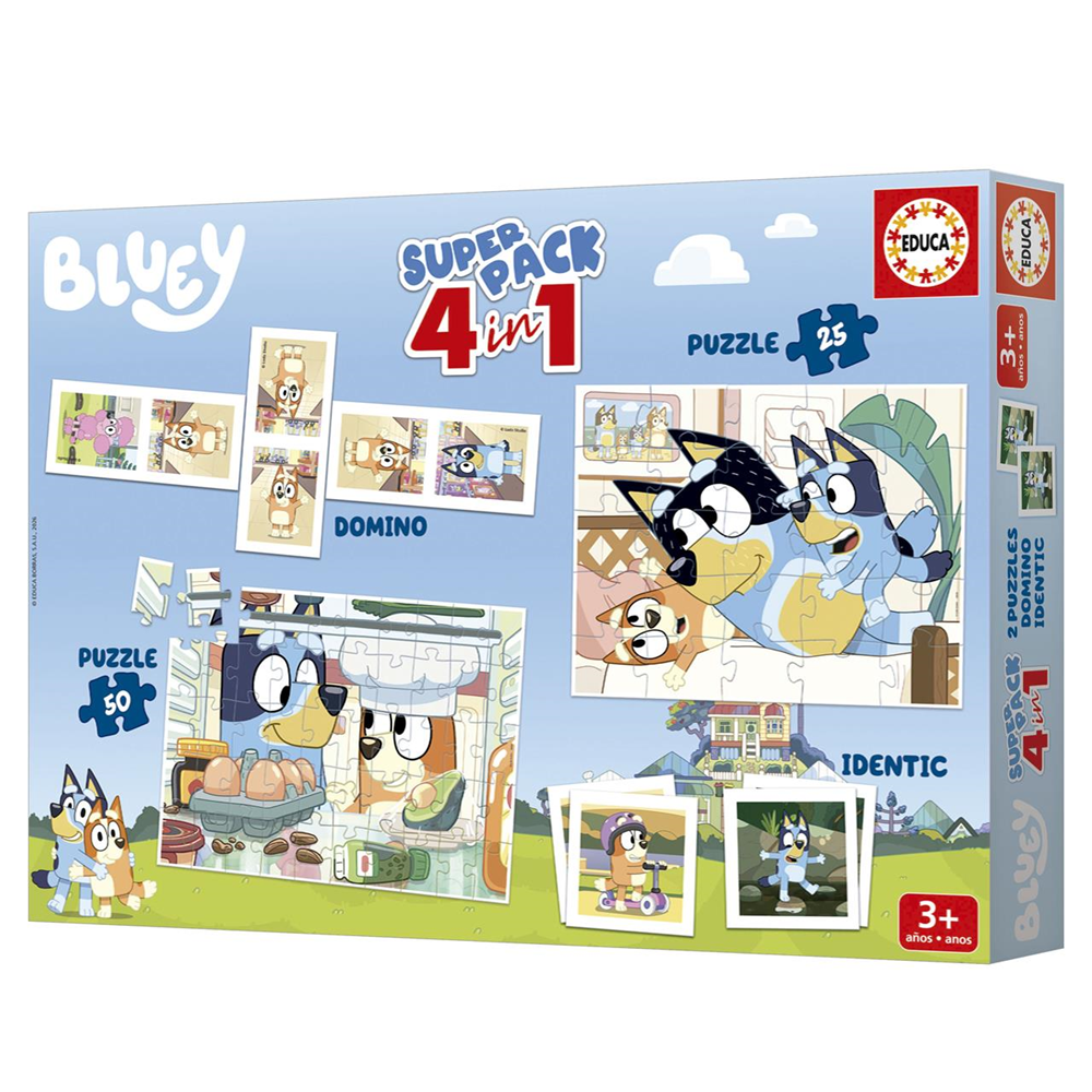 Puzzle Superpack 4 en 1 Bluey .(Puzzle 25 otro 50 un juego de memoria y un dominó de 28 piezas). (Educa 20475)