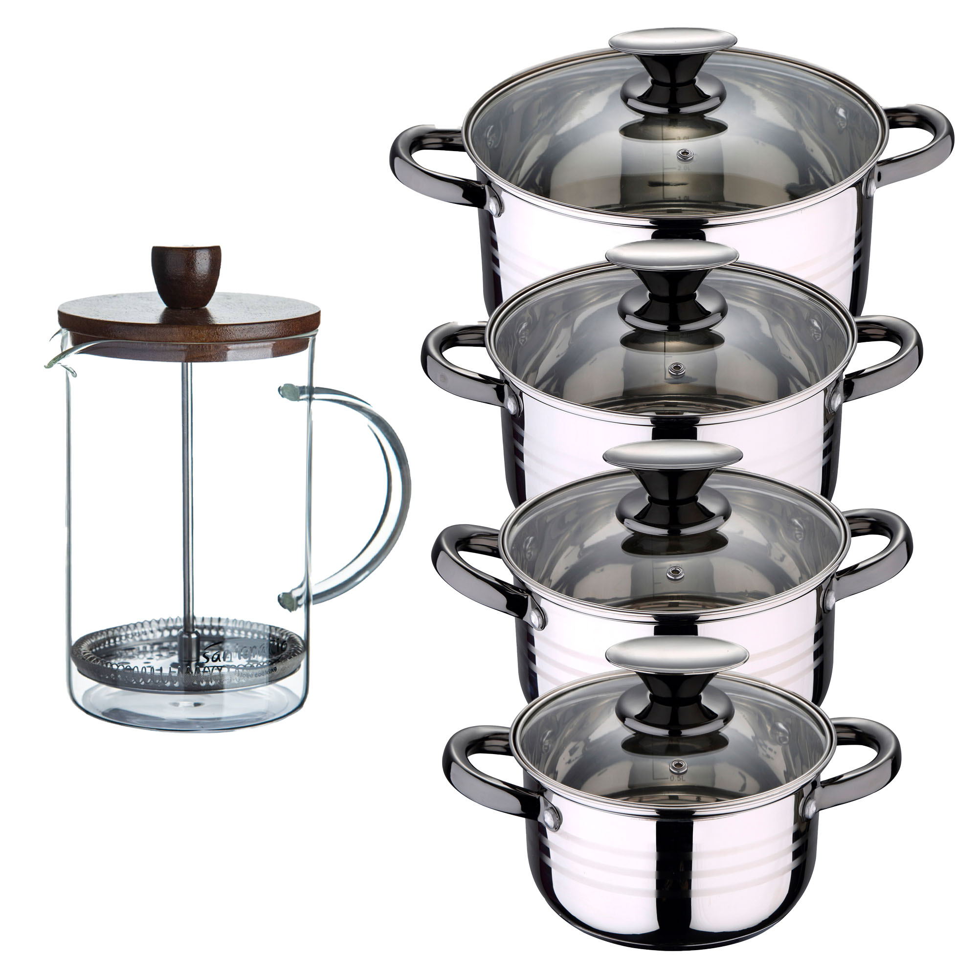 Bateria 8pc acero inoxidable apta para inducción Colección San Ignacio Premium + Delantal de Cocina Gris oscuro 100% Algodón 75x80cm