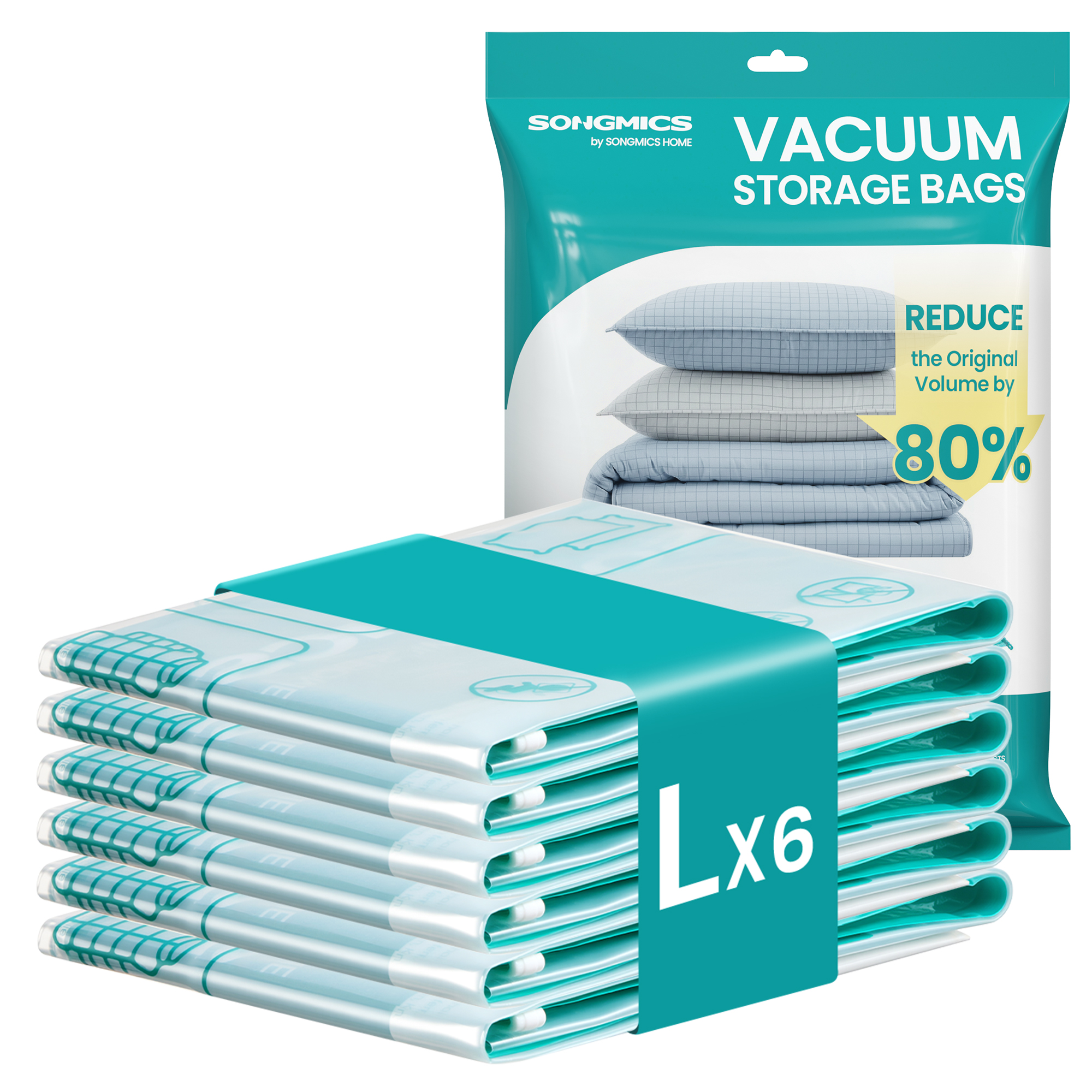SONGMICS Bolsas de Almacenamiento al Vacío, Bolsa de Almacenaje para Ropa, Sábanas, Armarios y Viaje, Compactas y Reutilizables, Juego de 6, Tamaño L, Transparente
