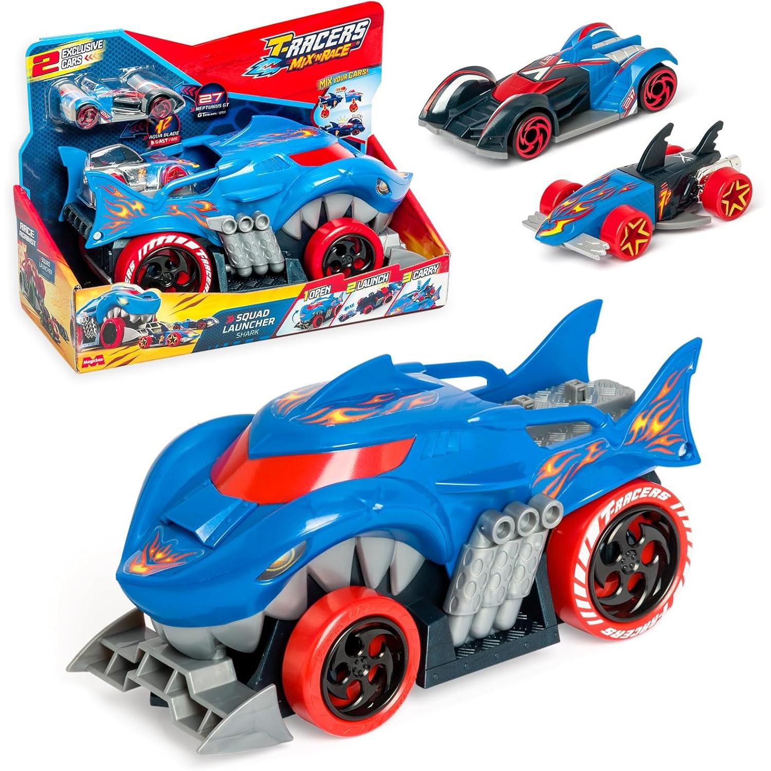 T- Racers Mix 'N Race Squad Launcher Shark – Camión tiburón Que se transforma en Lanzador. Incluye 2 vehículos exclusivos, Zona para lanzar vehículos y Zona para Transportar 2 vehículos (MagicBox PTRSP11480)