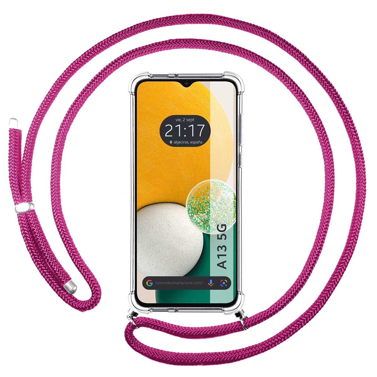 Tumundosmartphone Funda Colgante Transparente con Cordón Rosa Fucsia para Samsung Galaxy A13 5G