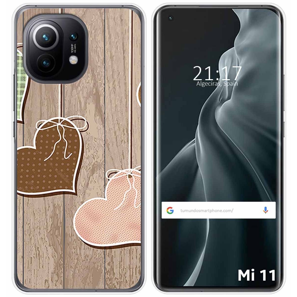 Tumundosmartphone Funda Gel Tpu para Xiaomi Mi 11 5G diseño Corazones Madera Dibujos