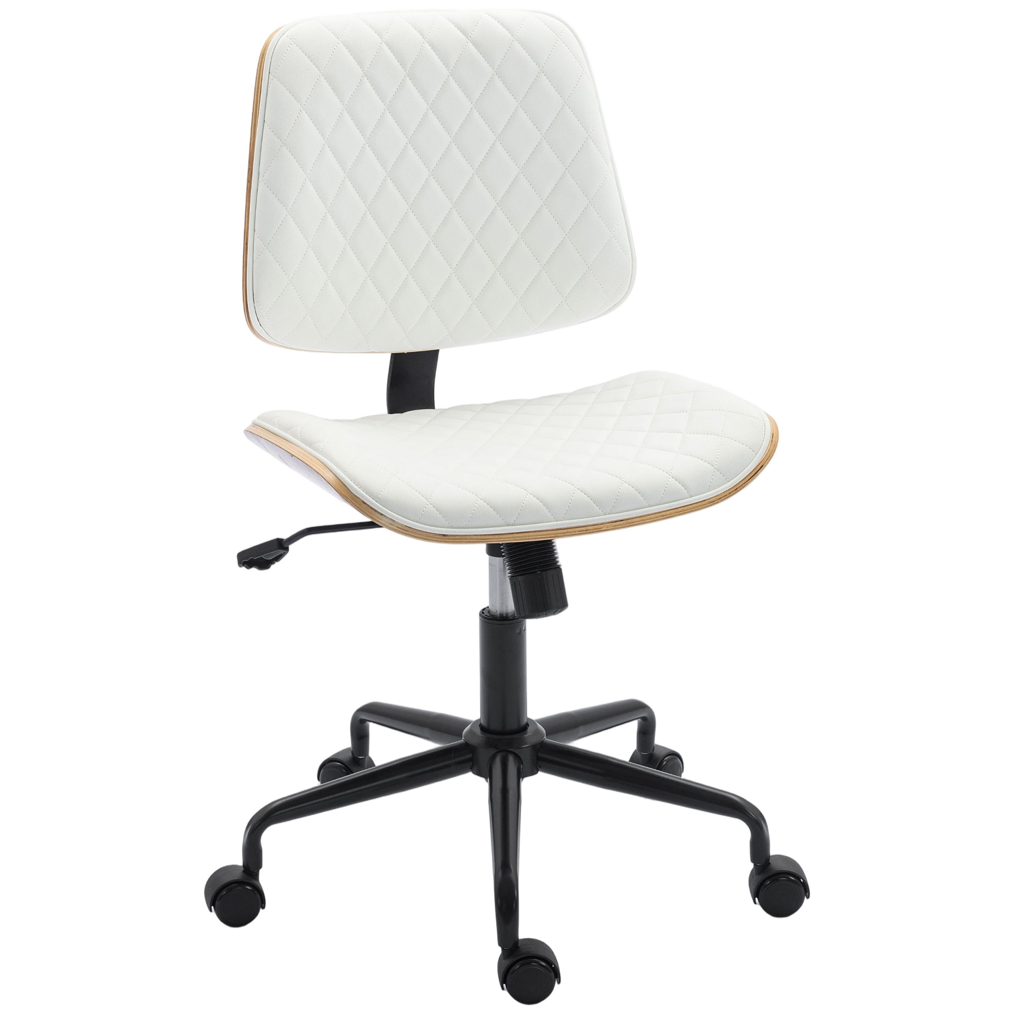HOMCOM Silla de Escritorio sin Brazos, Silla de Oficina Giratoria, Tapizada en Cuero Sintético, con Respaldo Curvado, Asiento Forma U, Altura Ajustable, Basculante, Blanco
