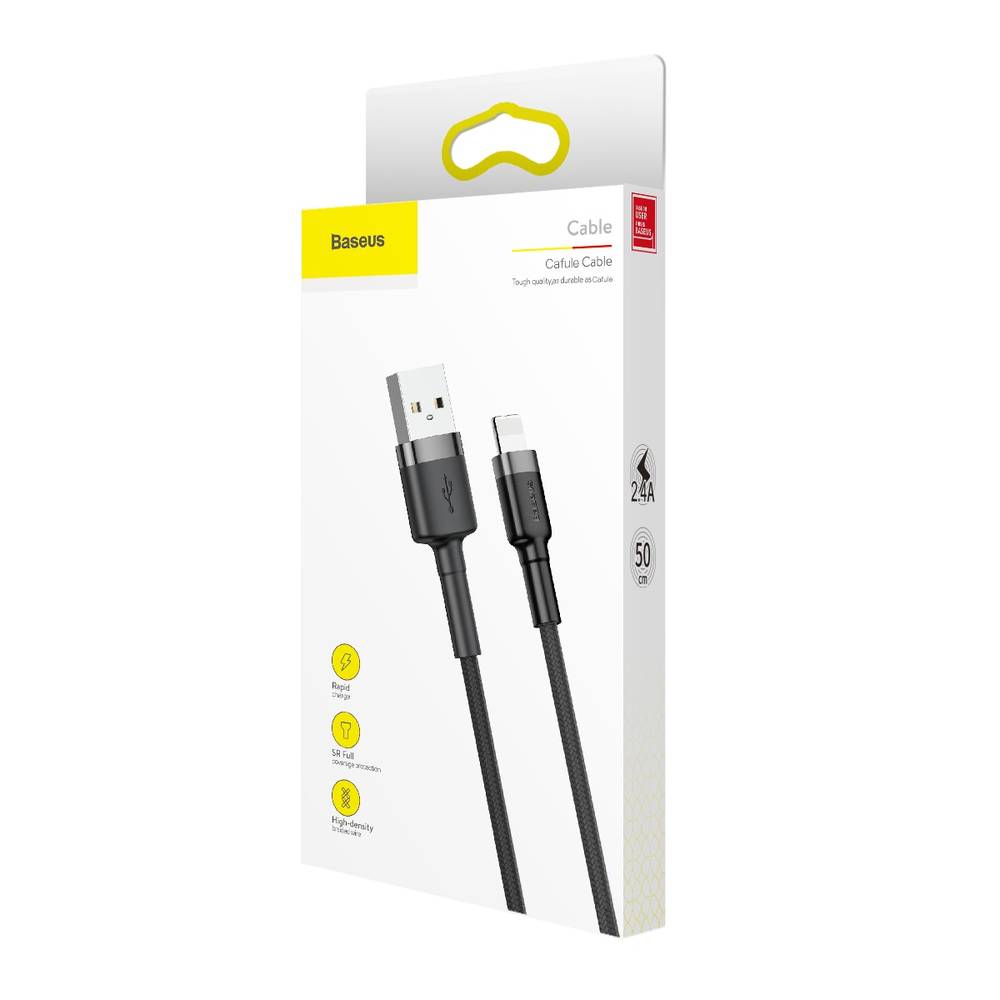 Cable de Carga Rápida y Datos Baseus Cafule para Iphone X / XS / XR / XS Max - 2.4A - Resistencia Kevlar - 50 Cm - Gris/Negro