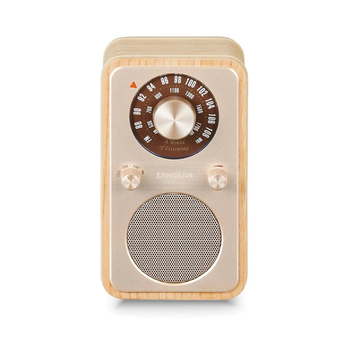 Radio Analógico con Altavoz Radio con mueble de madera Sangean WR-9  | AM, FM, a Batería recargable (autonomía hasta 57 horas), carga USB-C, Fresno blanco