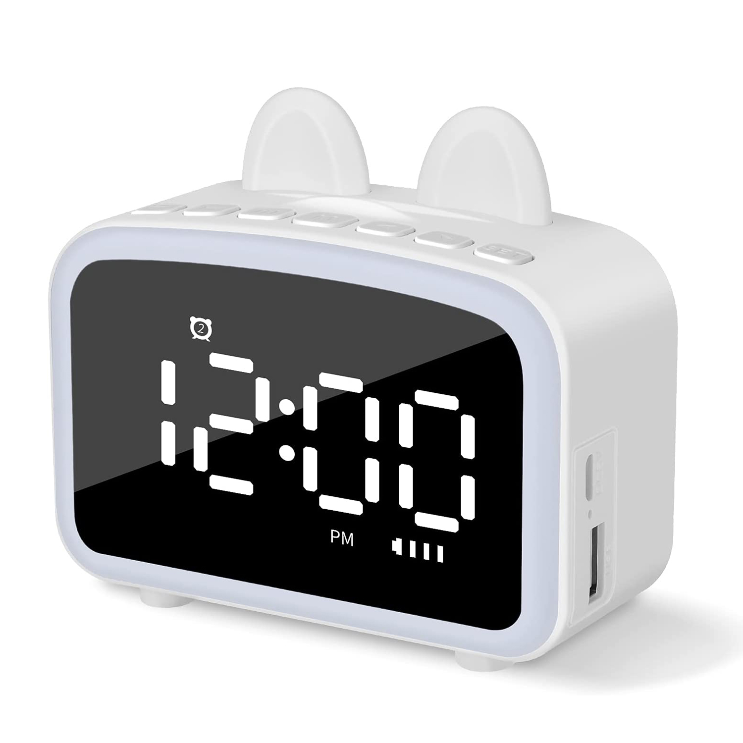 DAM. Reloj despertador LCD con luz nocturna, altavoz Bluetooth incorporado, termómetro, radio, soporte de smartphone. Batería recargable. 10x4x9cm