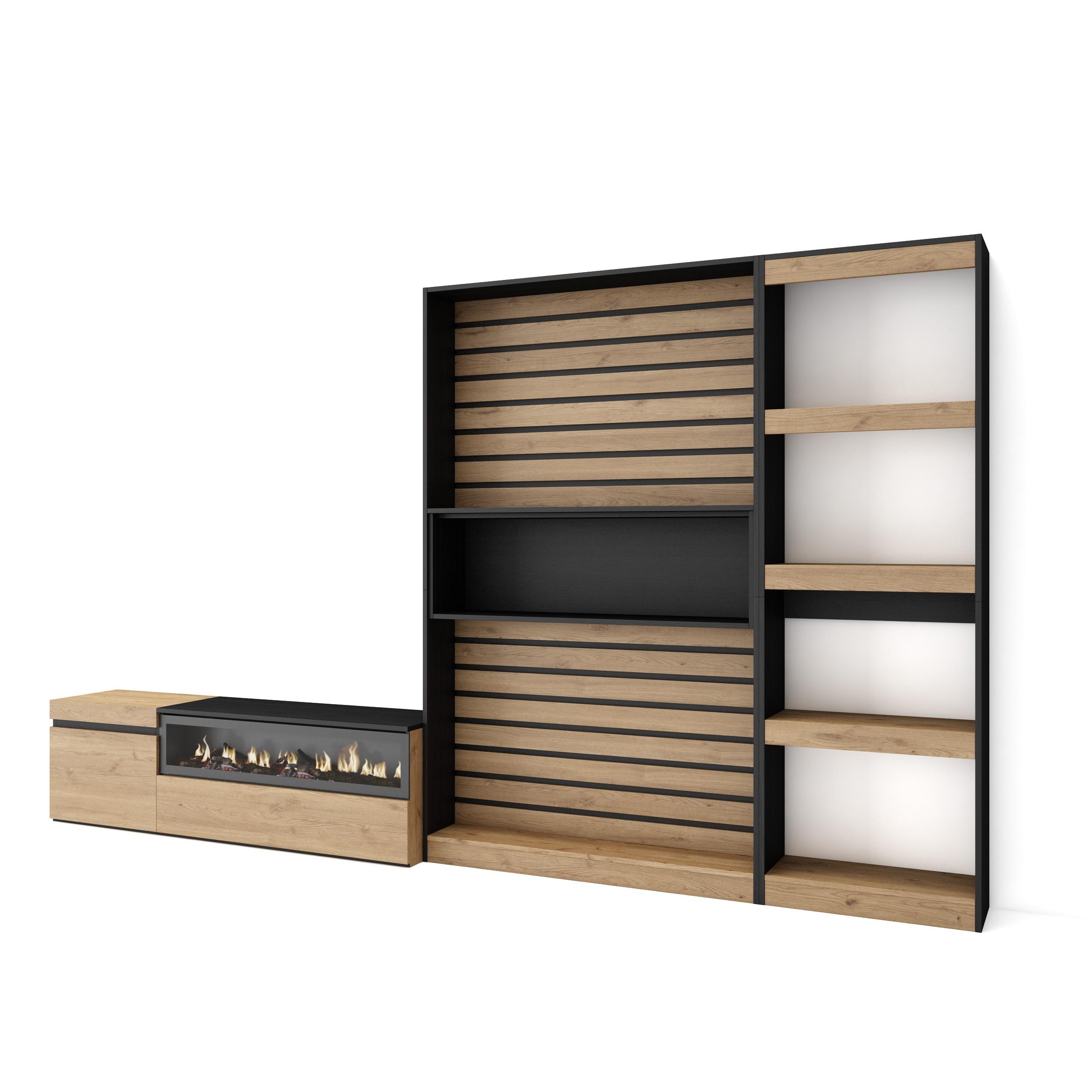 Skraut Home - Conjunto de muebles de Salón - Estantería y organización - Mueble TV - Fuego led efecto 3d - Veteado de madera - Tacto poroso de alta calidad - Estilo Moderno - Medidas totales 320x35x186cm