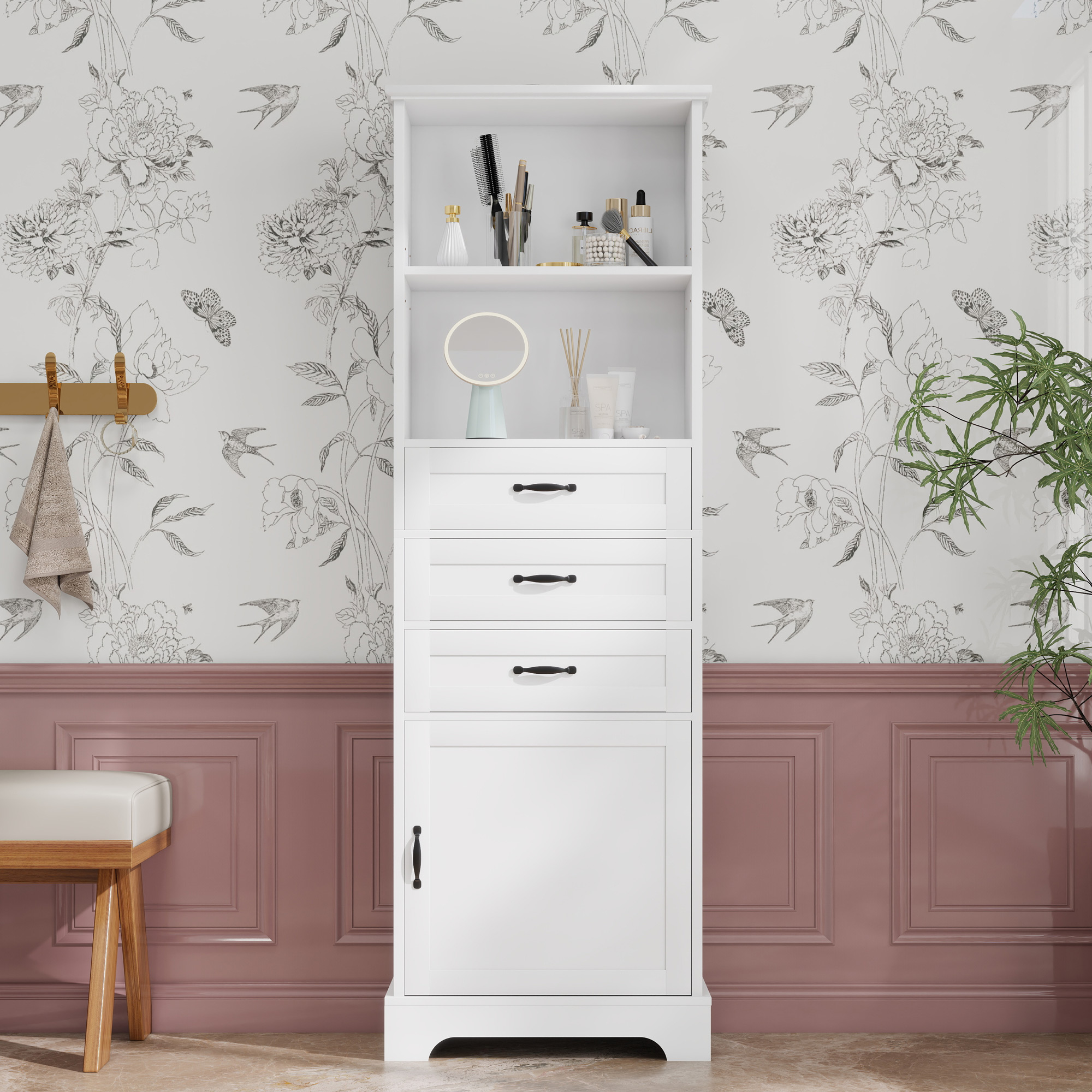 Armoire de salle de bain blanche 56 x 25,6 x 167 cm avec tiroirs et étagères