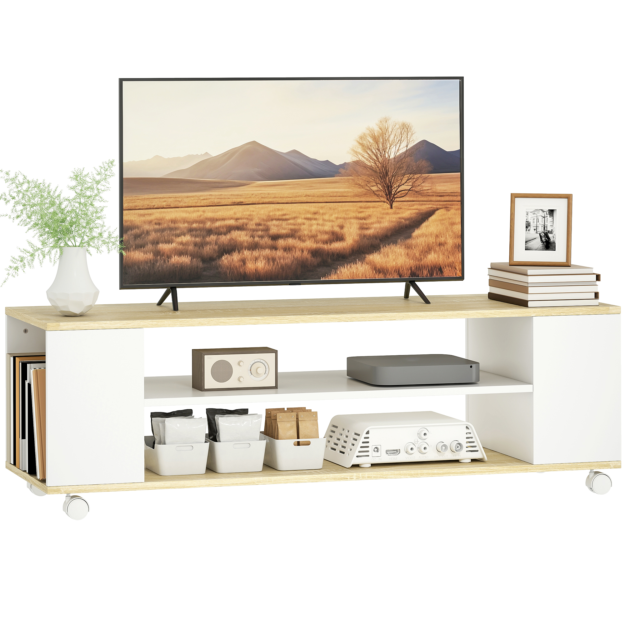 HOMCOM Mueble de TV con Ruedas, Mesa de TV Suspendido o de Pie, para Salón, con 4 Estantes Abiertos, para Televisión de 55 Pulgadas, Estilo Moderno, 120x40x38,5 cm, Natural y Blanco